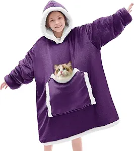JOYWOO Purple Kids Wearable Blanket Hoodie, Oversized Cat lovers Hoodie Blanket for kids & Teens,Birthday Gifts for Girl Boys,Cozy Fuzzy Sherpa Fleece Blanket Giant Pocket Winter Gifts,Dark Purple