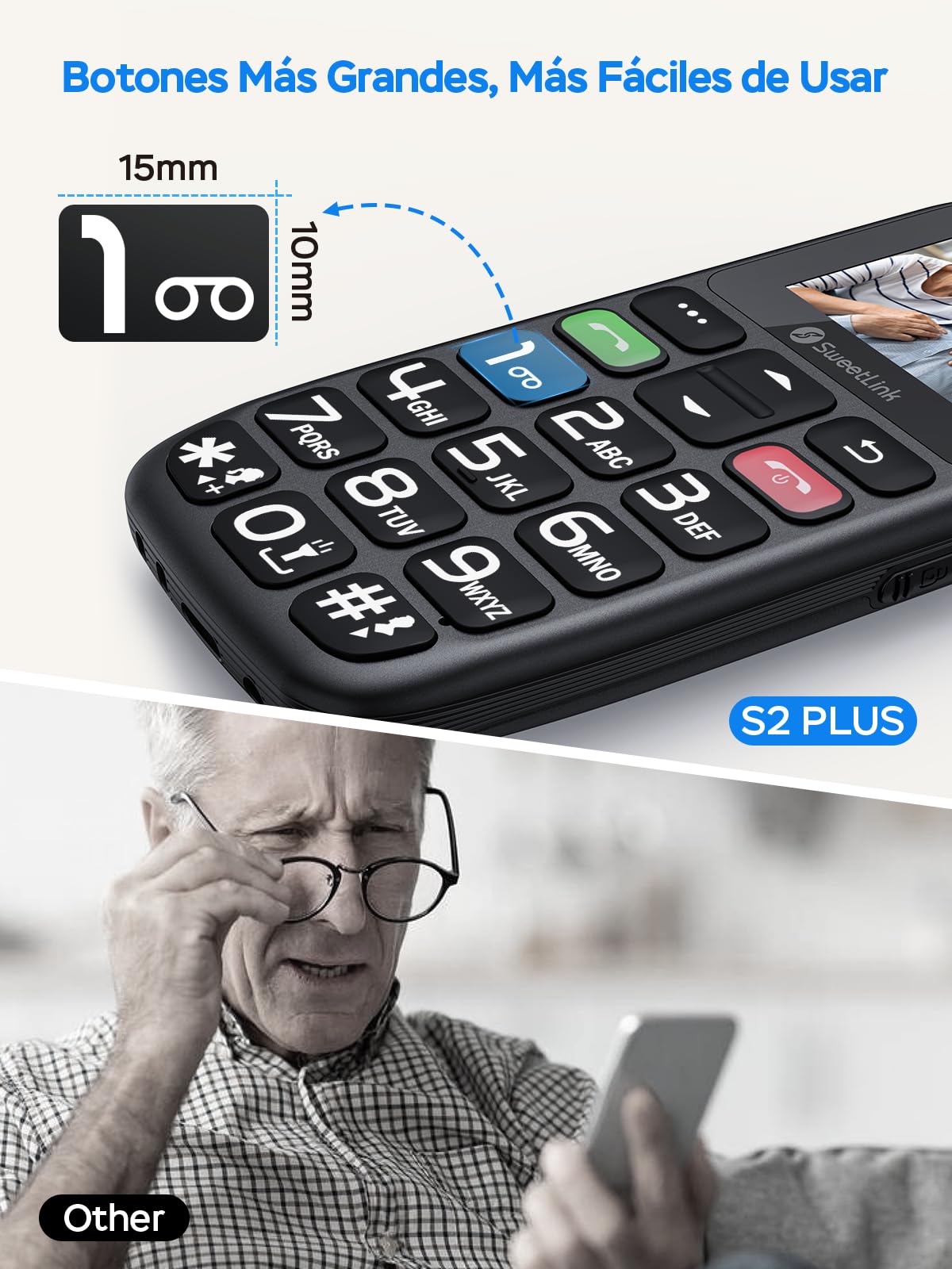 SweetLink S2 Plus Teléfono Móvil para Personas Mayores, 2023 2G gsm Senior Moviles de Teclas Grandes y Volumen Alto, Botón SOS, Bateria 1400mAH, Incompatible con lowi/Movistar/Digi/Vodafone