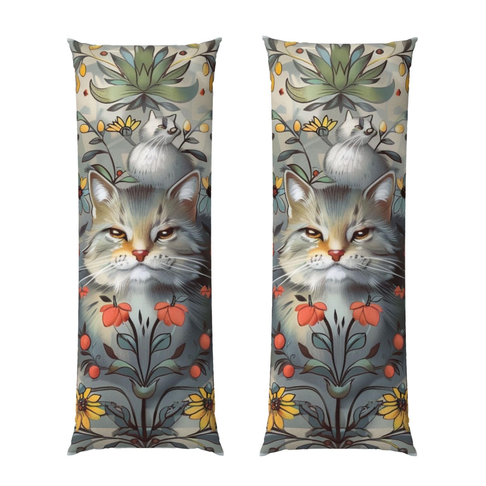 Body Pillow Cover 20x54 Inch, Funny Cats and Flowers Print Long Lumbar Pillow Case with Zipper Long Body Pillowcase Decorative for Bed Sofa Bedroom