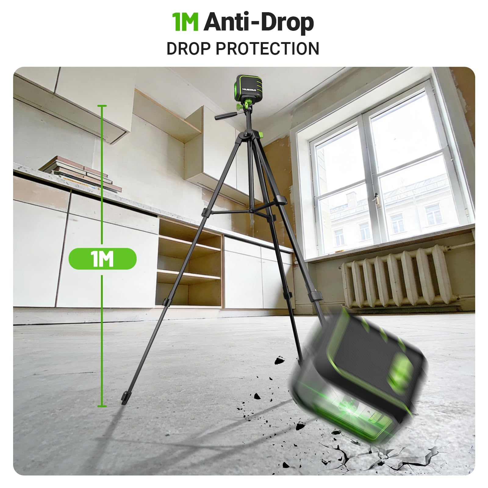 Huepar Livella Laser Verde Autolivellante con Treppiede 150 cm – U011GTP | Linee Incrociate,Resistente a Cadute da 100cm,Base Magnetica 360°,Modalità Impulso 50m per Piastrellisti e Ristrutturazioni