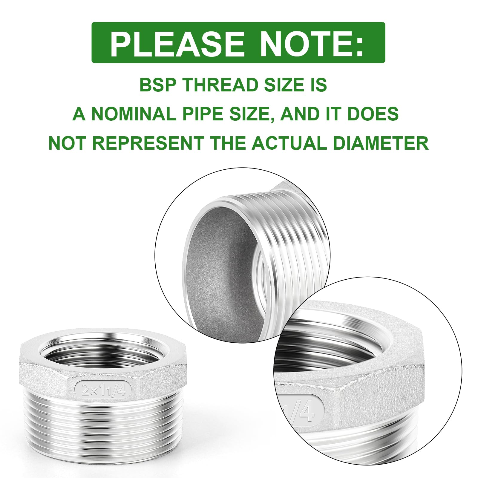 TAISHER 2 Stück 304 Edelstahl Reduzier-Sechskantbuchse, 2" BSP Außengewinde x 1-1/4"BSP Innengewinde, Reduzierrohr-Adapterfitting, für Wasser, Öl, Luft und Gas