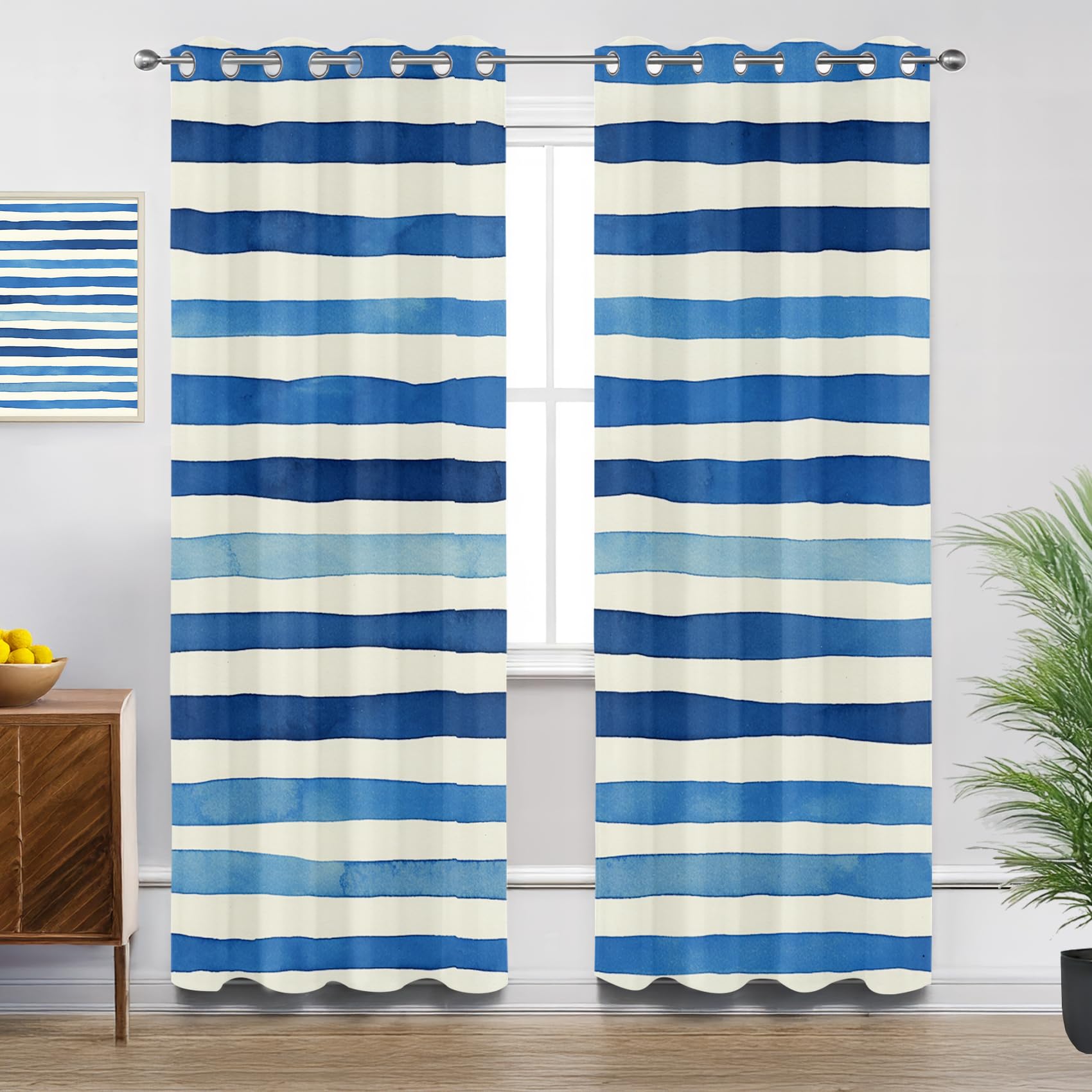 Striped Black Out Curtains 63 Inch Long, Navy Blue Stripes Nautical Curtains for Bedroom Living Room, Room Darkening Thermal Insulated Grommet Drapes,