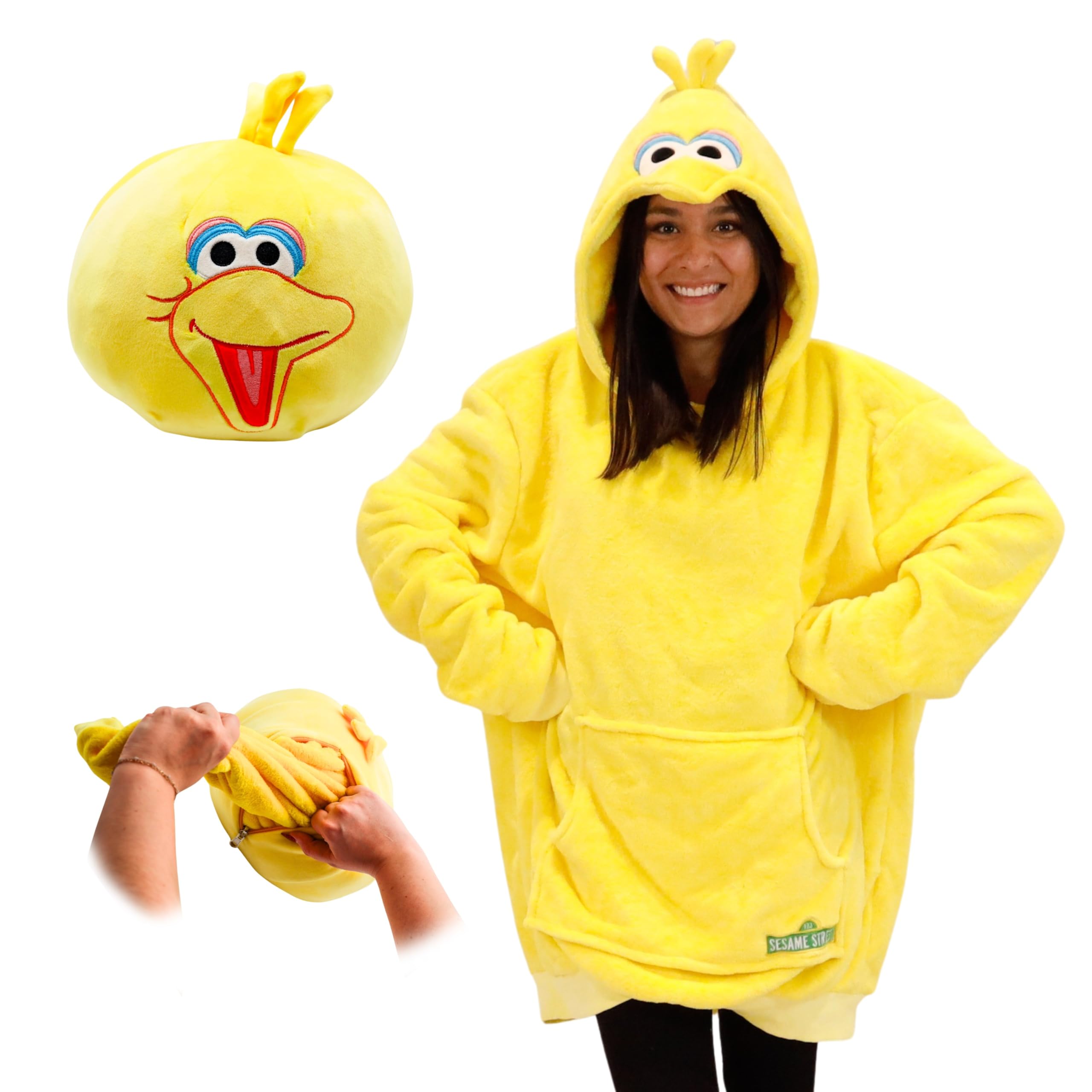 Sesame Street Big Bird Snugible Wearable Blanket Hoodie by Plushible – Oversized Sweatshirt with Pocket, Cozy Gift for Adults Women Men