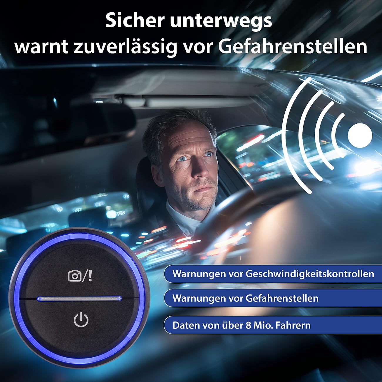 Lescars Blitzerwarner: Akku-Gefahrenstellen-Warner mit Bluetooth und App, Multicolor-LED-Ring (Gefahrstellenwarner, Auto Warnsystem Bluetooth, Laser)
