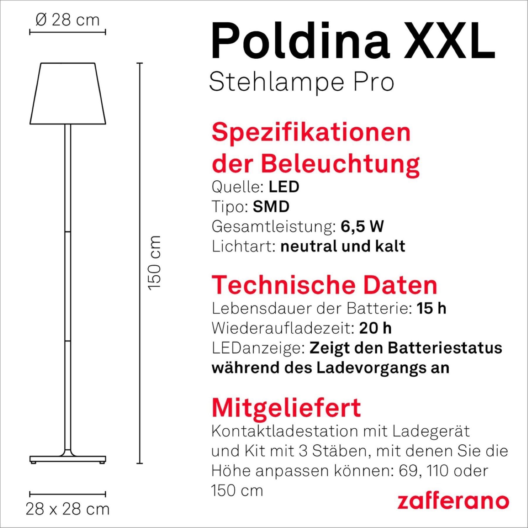 Zafferano, Poldina XXL Lampe, Kabellose, Wiederaufladbare Stehlampe mit Touch Control, Geeignet für Wohnzimmer und Außenbereich, Dimmer, 2700-3000 K, Verstellbare Höhe 69-150 cm, Farbe Corten