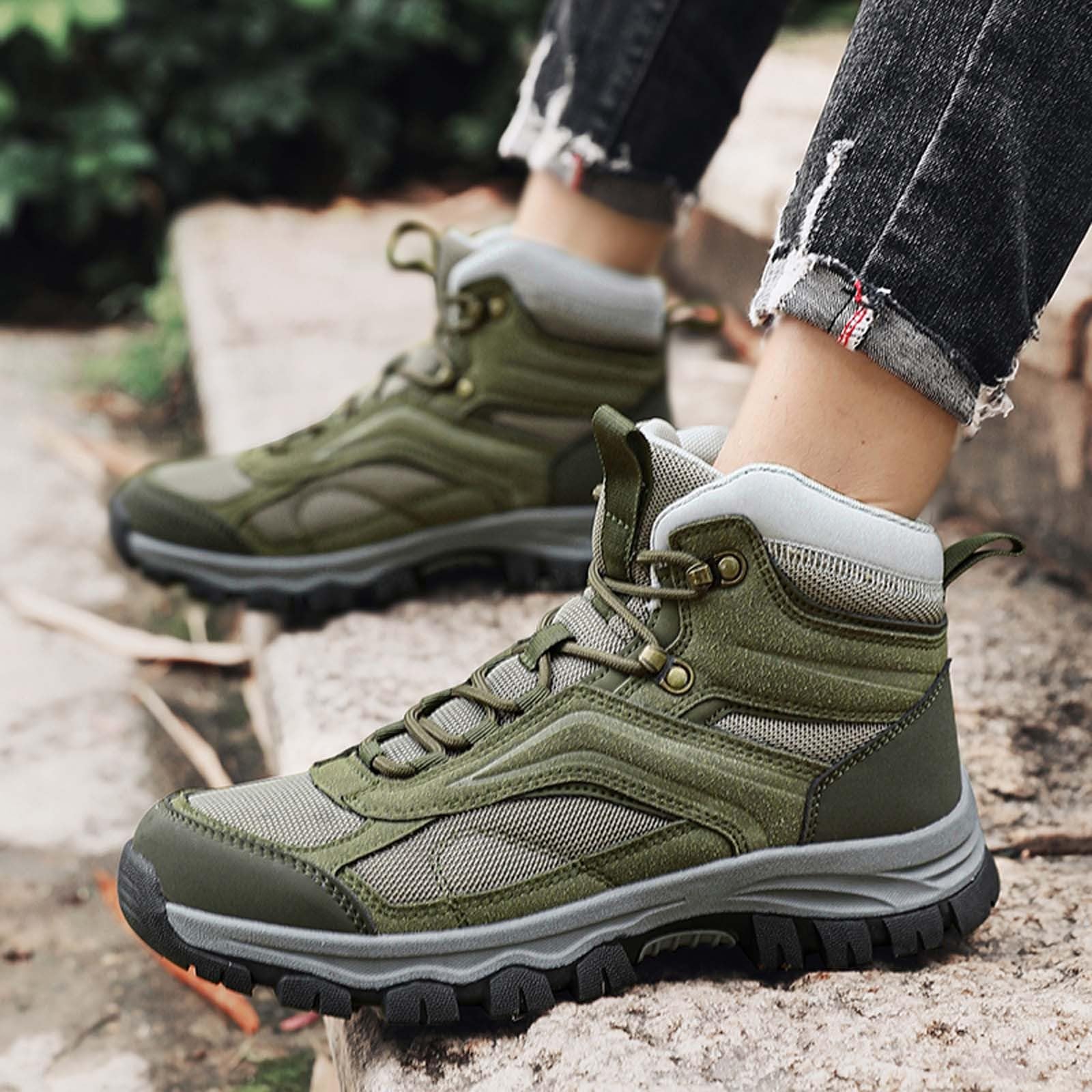 Chaussures de Randonnée Montantes Homme Hautes Protection Cheville Bout Renforcé Maille Respirante Semelle Crantée Antidérapante Trekking Plein Air Vert pour Randonnée Montagne