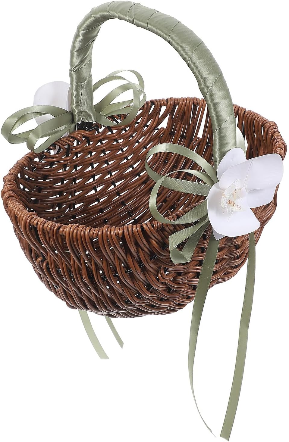 Woven Flower Girl Basket for Wedding Handheld Lightweight Plastic and Wood with Light Green Handle, Decorative Ceremony Supplies for Bride and Flower Girl,