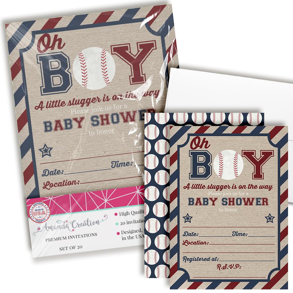 Our Little Slugger Baseball Themed Baby Sprinkle Baby Shower Invitations for Boys, 20 5x7 Fill In Cards with Twenty White Envelopes by AmandaCreation
