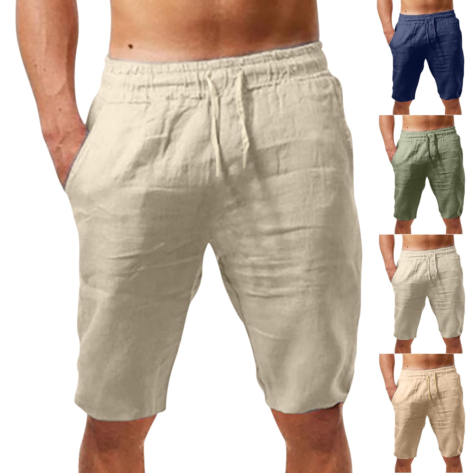 Guhmomh Kurze Hosen Herren Sommer Leinen Shorts Baumwolle Leinenhose Kurz Sporthose Freizeithose Baggy Sommerhose Leicht Bermuda Jogginghose Atmungsaktiv Strand Laufhose Freizeit Wanderhose Beige L