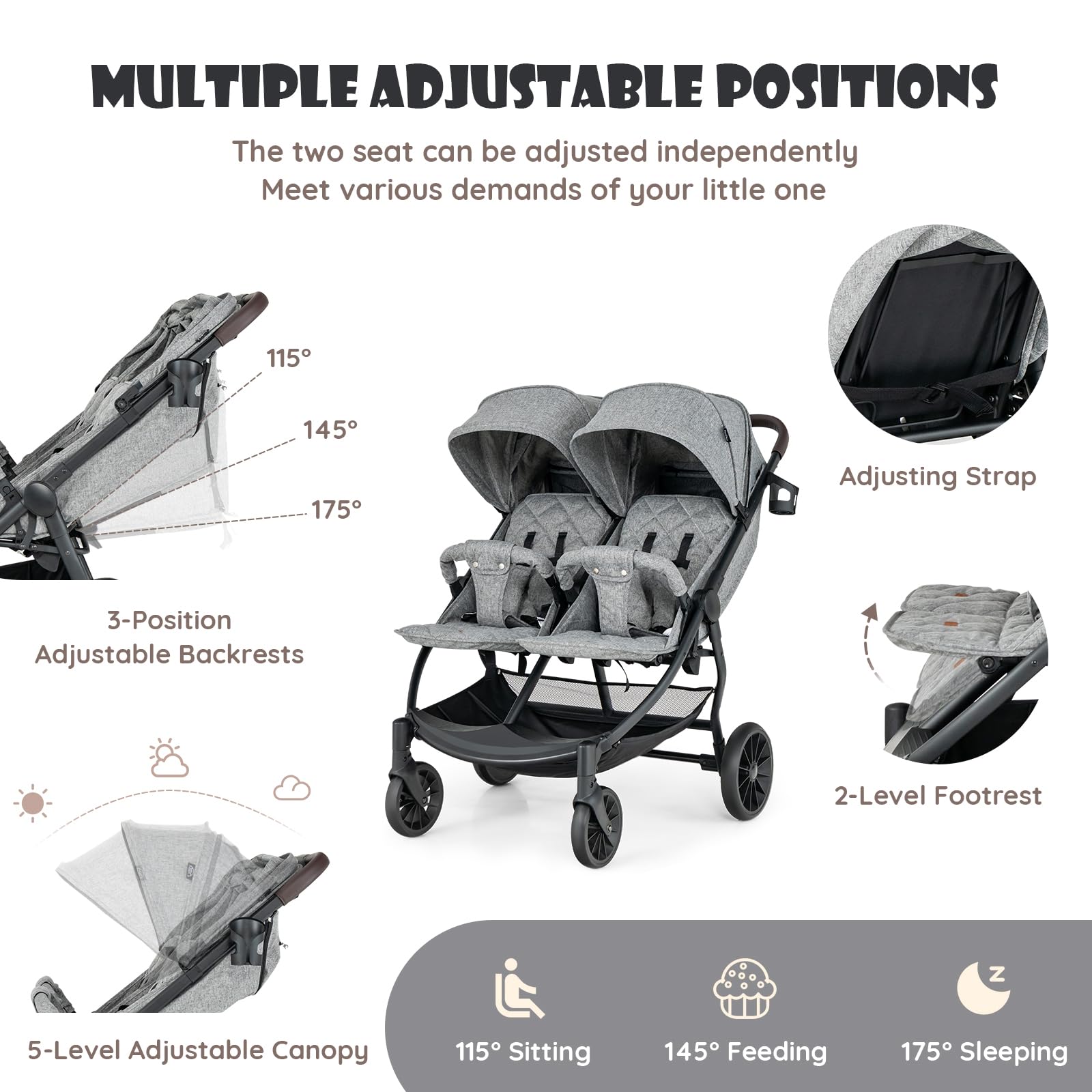LIFEZEAL Poussette Double Côte à Côte, Tandem Jumeaux Pliable, Dossier Inclinable à 3 Positions, Repose-pieds, Harnais à 5 Points, Charge 15+15 kg, Bébé 0-3 ans (Gris clair)