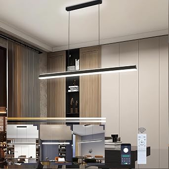 Modern LED Pendent Lights Dining Room Pendant Lamp Dimmable Office Lamp with Remote Linear Ceiling Chandelier Aluminum Kitchen Island Lights for Kitchen Bedroom Pendant Lighting Black, L120cm [Energy Class B]
