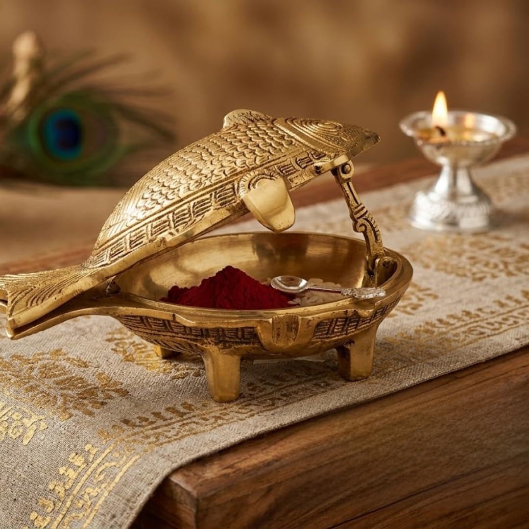 Buy VGOCART Brass Fish Kumkum Box, Antique Gold Finish, Handcrafted Traditional Design, Sindoor Storage for Pooja, 3.81 cm Online at Low Prices in India