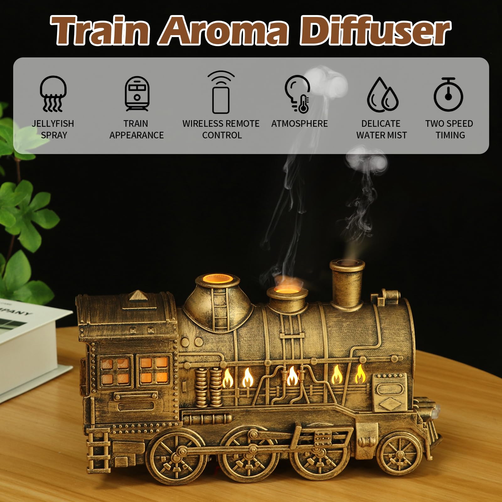 Aroma Diffuser für Duftöle,Perfume Diffuser,Luftbefeuchter, Zugdiffusoren für ätherische Ö-le(Nicht enthalten),Lokomotiven Luftbefeuchter mit Fernbedienung,für Schlafzimmer,Wohnzimmer (Farbe Bronze)