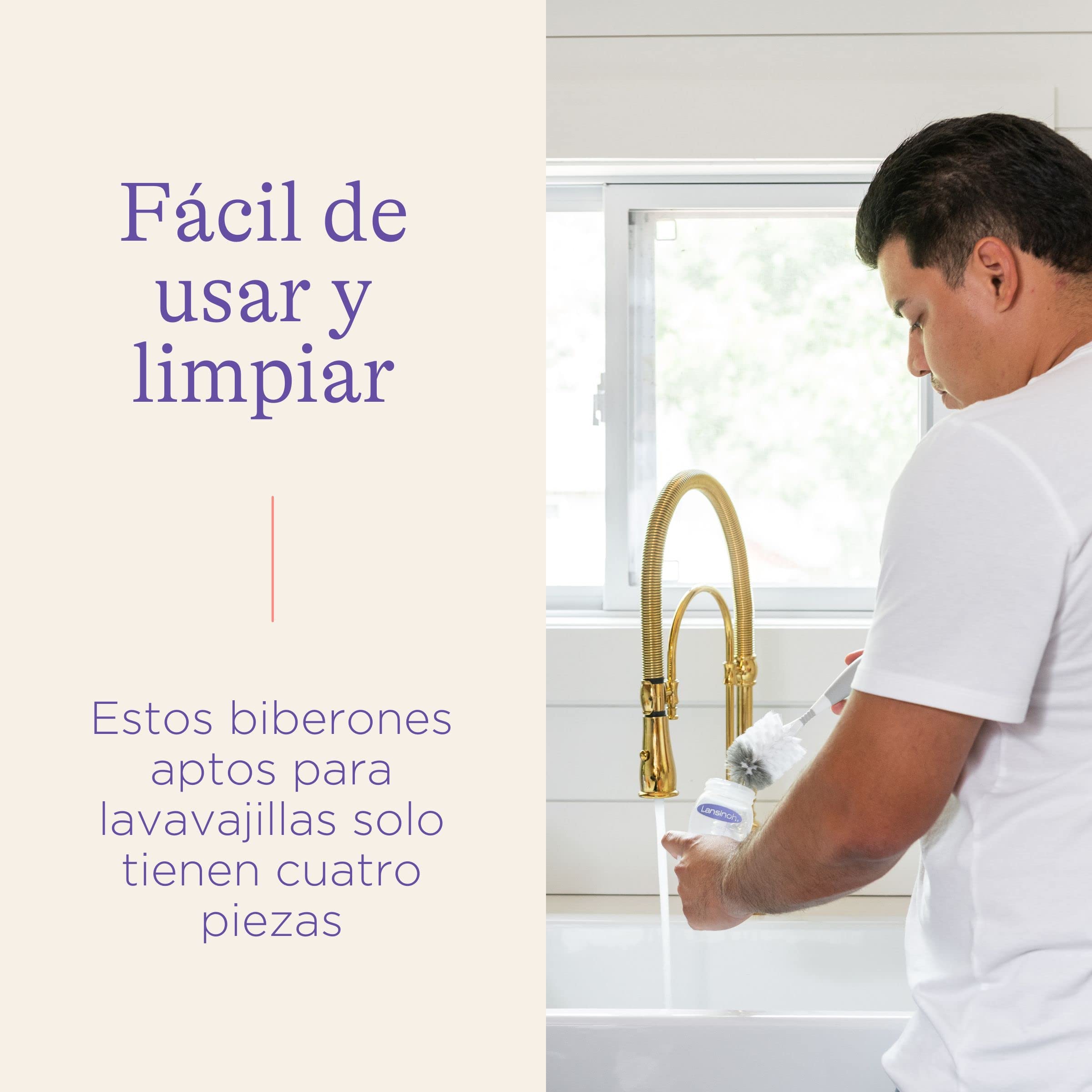 Biberón de Cristal de Lansinoh para Leche Materna con tetina simuladora del pezón, flujo medio, 240 ml/1 Ud., lila/transparente (77250)