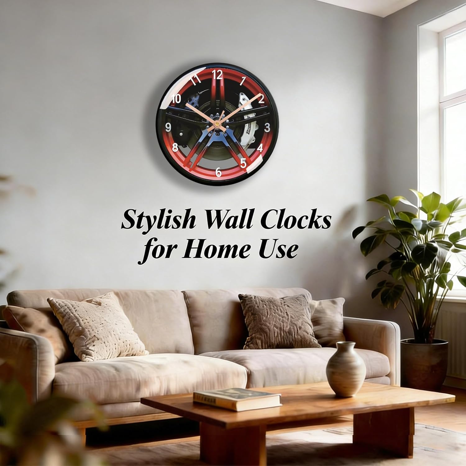 12-Inch Wall Clock, Car Wheel Design, Silent Battery Operated, Premium,High-Definition Glass Dial, Perfect for Home & Man Cave