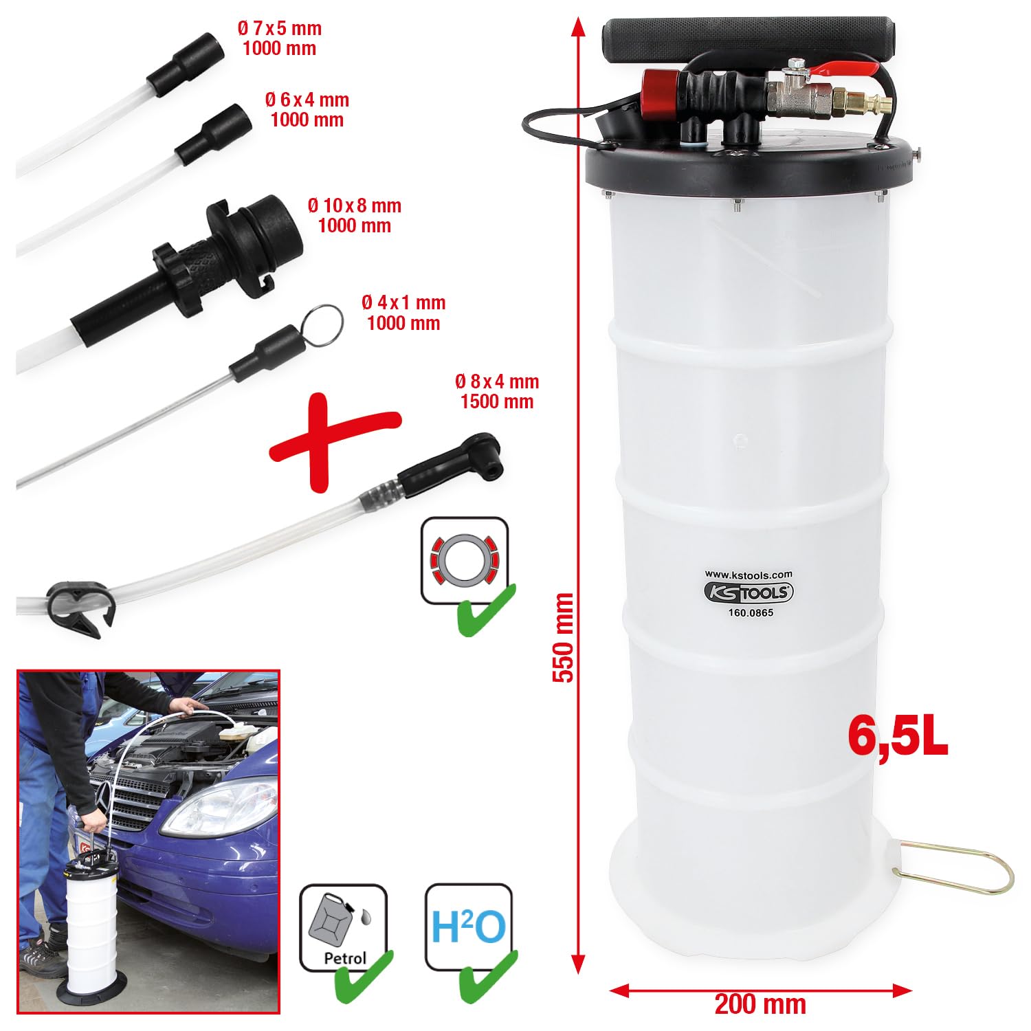 KS Tools 160.0865 Vakuum-Absaugpumpe 6,5 Liter inklusive 4 Sonden