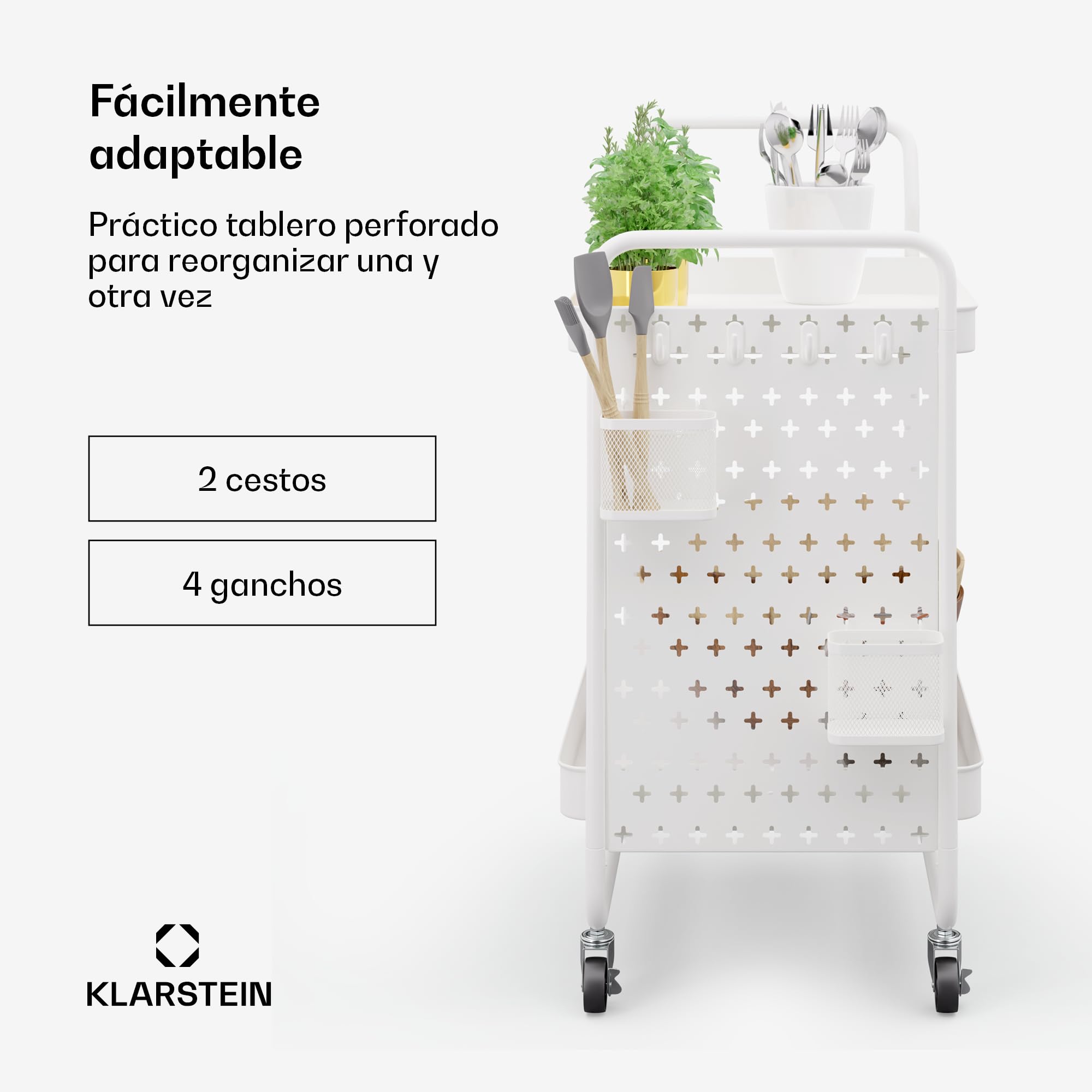 KLARSTEIN Carrito Auxiliar con Ruedas, 2 estantes de Metal, Capacidad 15kg, cestas & Ganchos, Carro Cocina móvil para baño & salón, Carrito Organizador Blanco