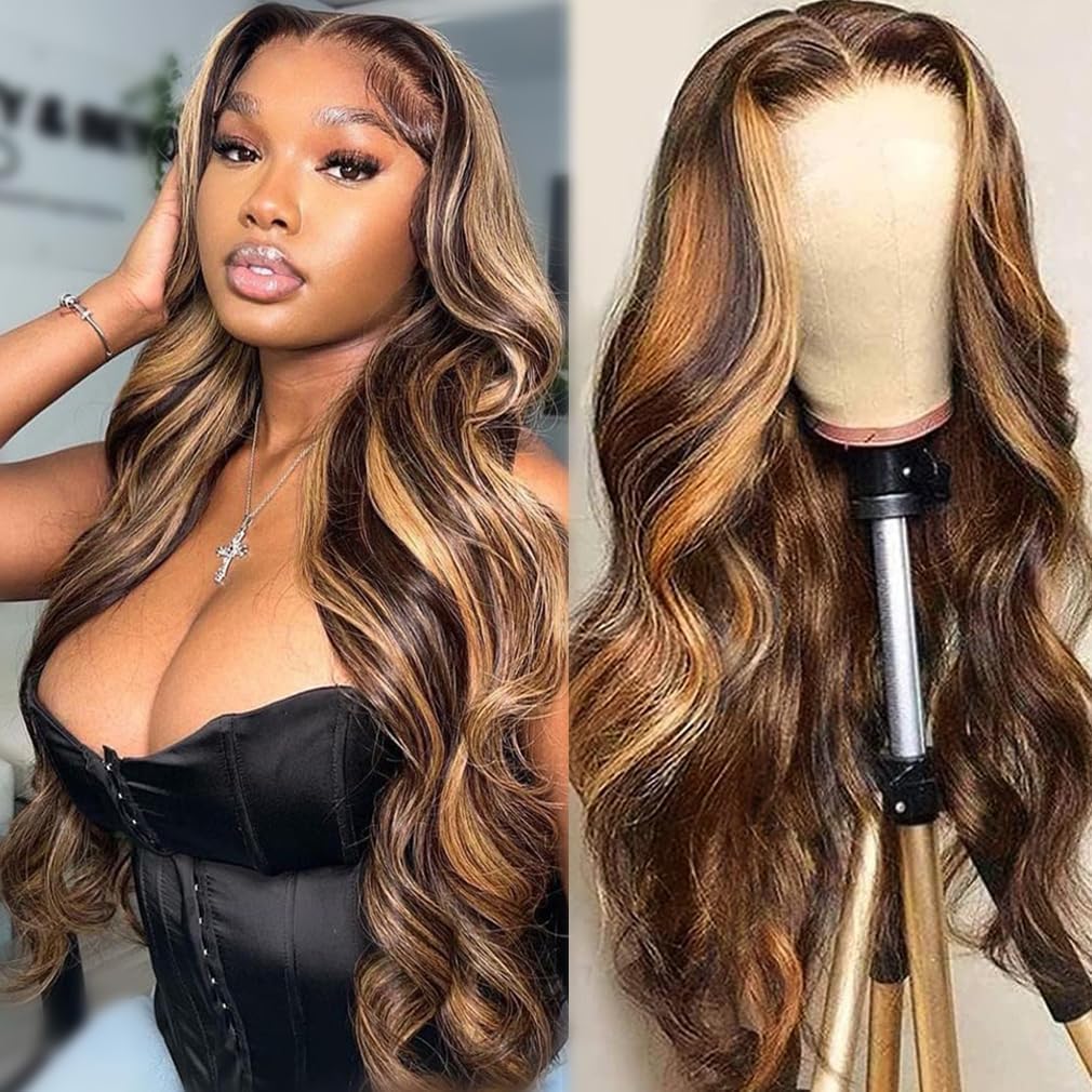 Honey Blonde Lace Front Wig Human Hair 13x6 HD Transparent 4/27 Highlight Ombre Lace Front Wigs 26inch Highlight Lace Frontal Wig Human Hair Wigs for Black Women Pre Plucked 180% Density