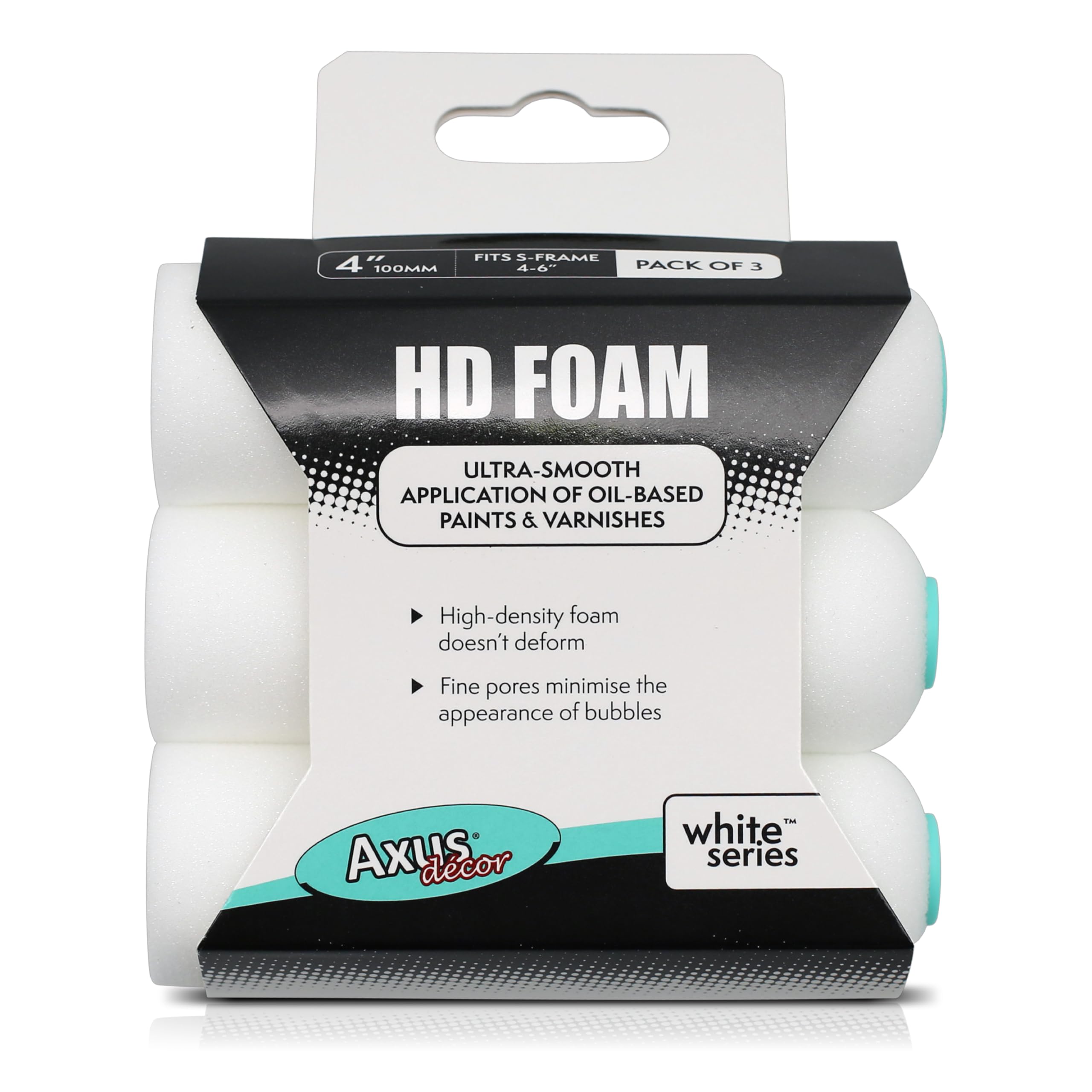 Axus Decor Hd Foam Mini Roller Sleeve - 4 Inch/100mm (White Series) Pack of 3, Ultra High Density, Use with Oil Based Paints & Varnishes, for Detailed Finishing Work Around Cutouts, Fits Mini Handles