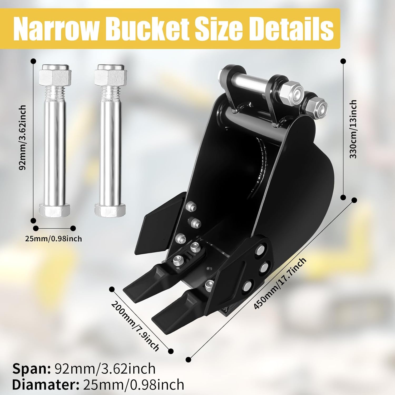 200mm Mini Excavator Bucket,7.78in Mini Excavator Attachments, Metal Teeth Hole Diameter 0.98in, Center Wheelbase 3.54in, Bucket Metal Trenching Digger.(Black)