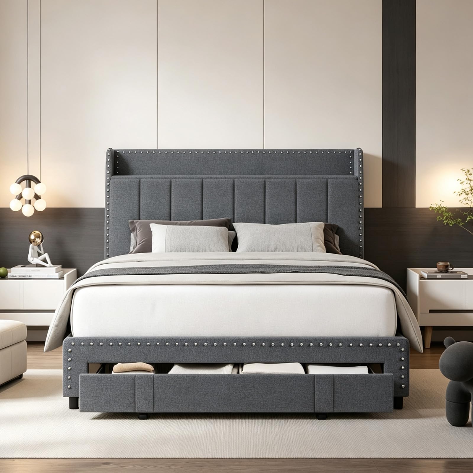 Klippehop Double Bed Frame with Storage Drawer, Linen Upholstered Bed, Grey