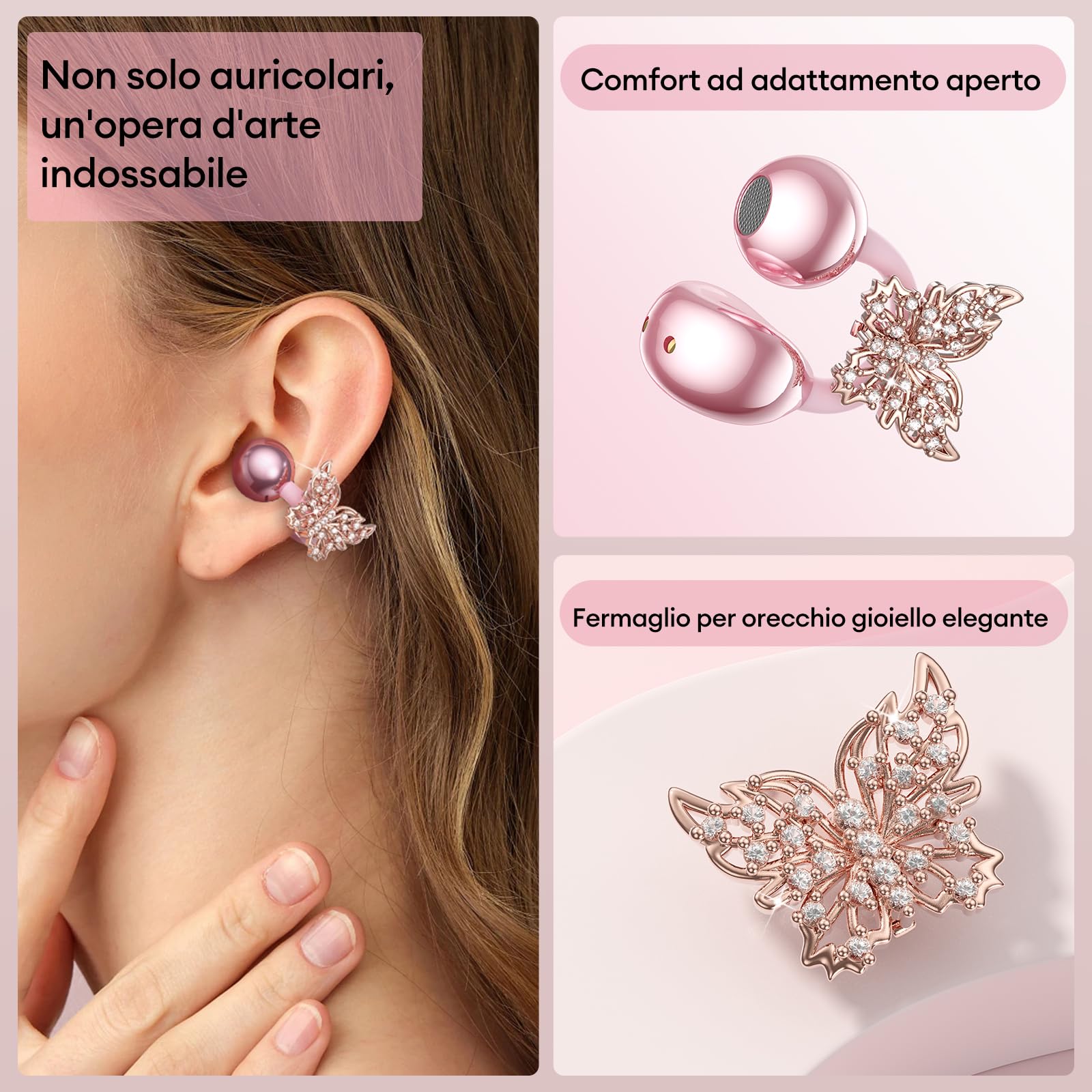 ZOMBIES CAT Cuffie Open Ear Clip-on con Schermo Touch & Orecchini Farfalla Rimovibile – Auricolari Bluetooth 5.4, Audio HiFi, Auricolari Open Ear Design Elegante per Sport e Tempo Libero, M100 Rosa
