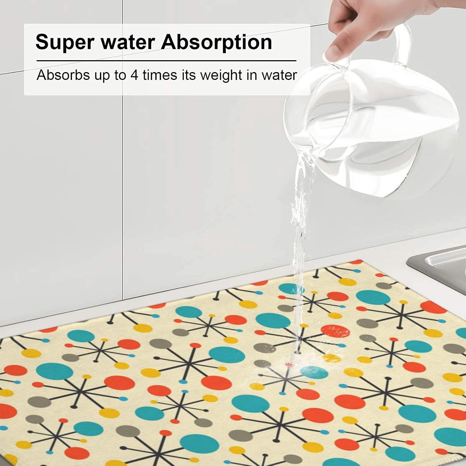 Mid Century Fifties Modern Atomic Retro Dish Drainer Mat for Kitchen Counter Yellow Decor Dish Drying Mat Washable Absorbent Coffee Drying Pad Kitchen Accessories 18"x24"
