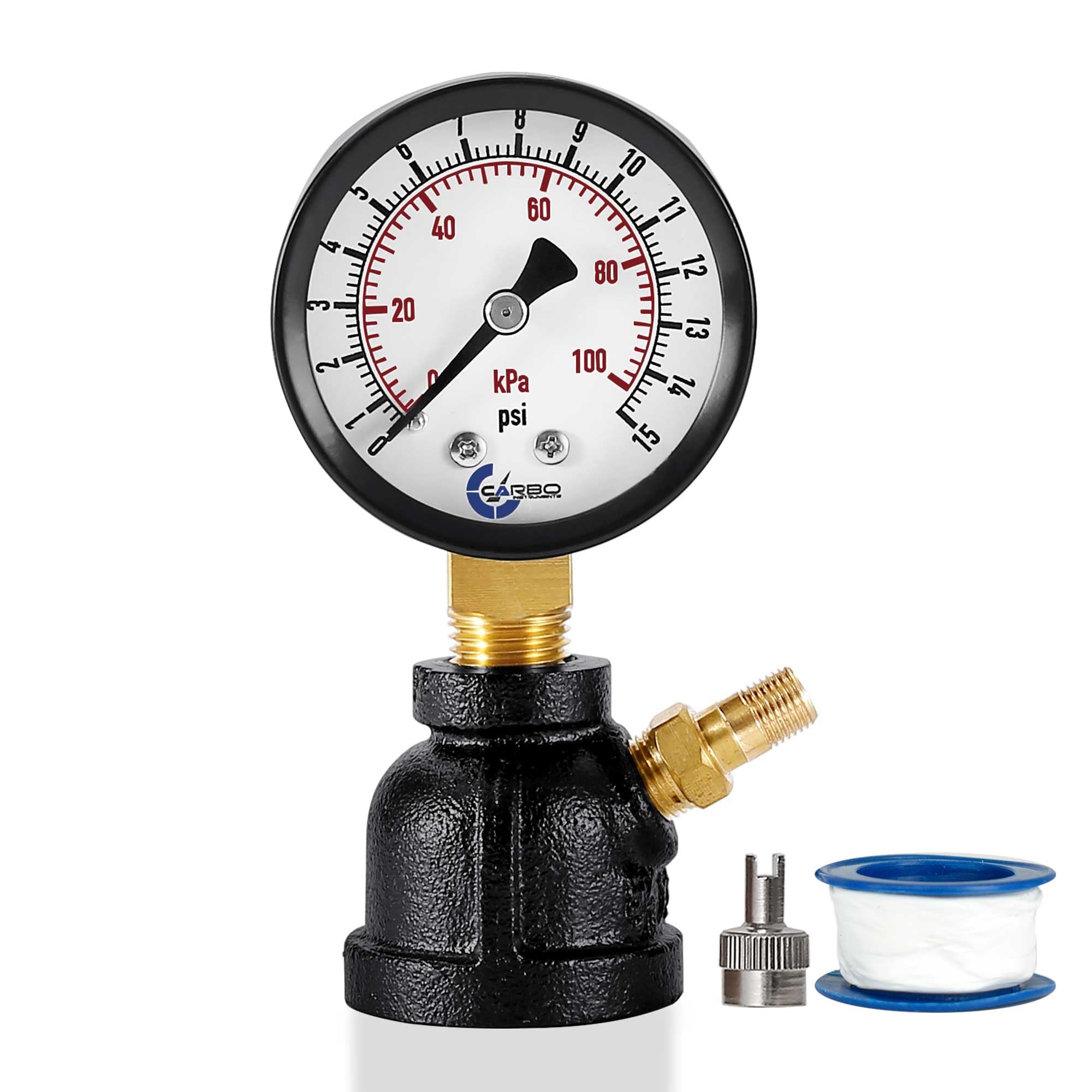 CARBO Instruments Gas Test Pressure Gauge 15 Pound, 15 PSI / 100 kPa, 3/4” FNPT Connection, Brass Valve, Forged Steel Bell Shape Body Assembly.