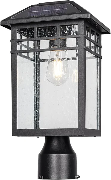 Diyel Solar Outdoor Post Light Fixture, Modern Exterior Pillar Lantern with Black Finish & Seeded Glass, Outside Pole Light for Garden, Backyard, Courtyard, Patio, Pathway