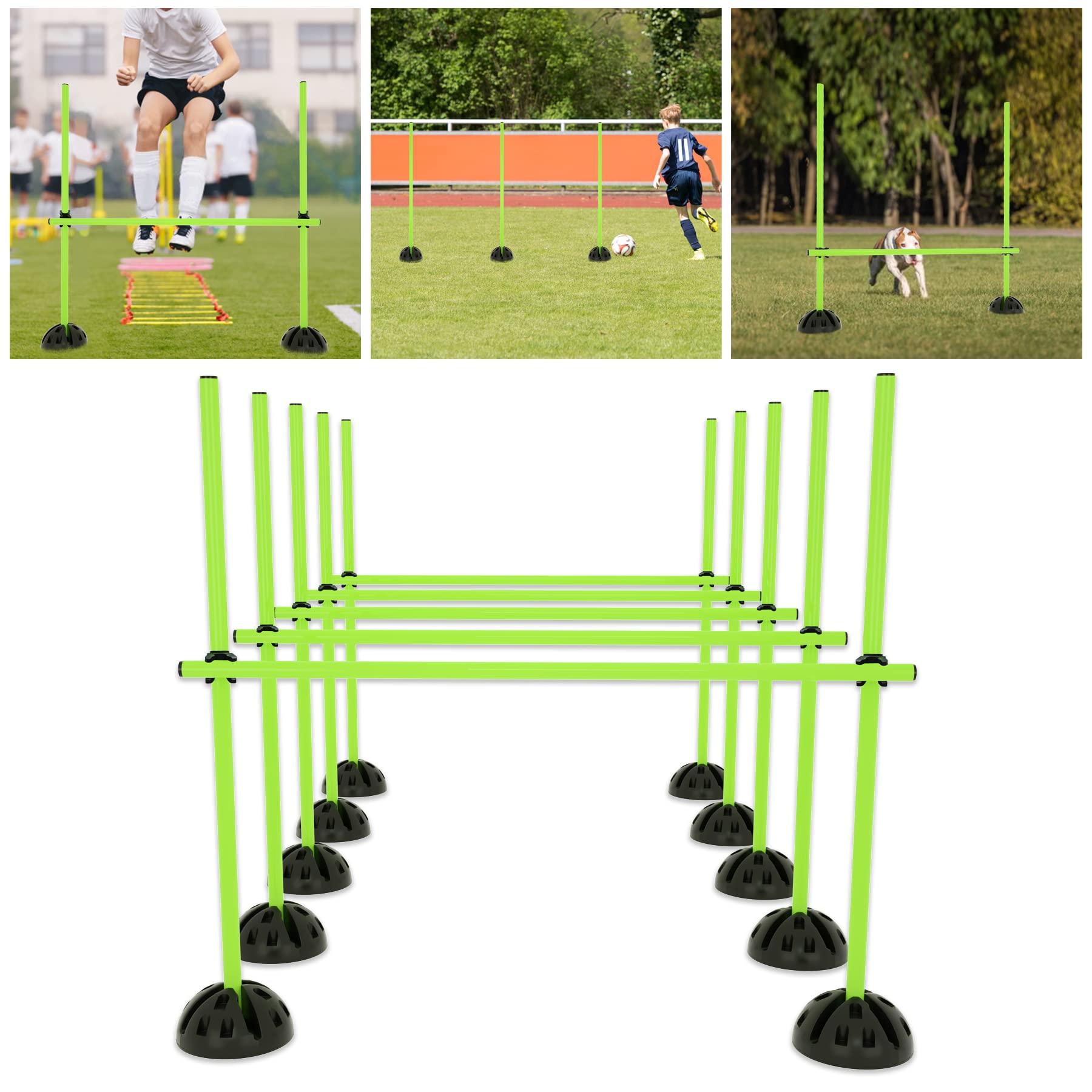 Froadp Deportes de Agilidad Juego de Obstáculos de Salto de Poste para Niños o Perros Barras Vallas de Entrenamiento Ajustables en Altura para el Baloncesto y el Fútbol (Verde+Negro, Juegos de 6)