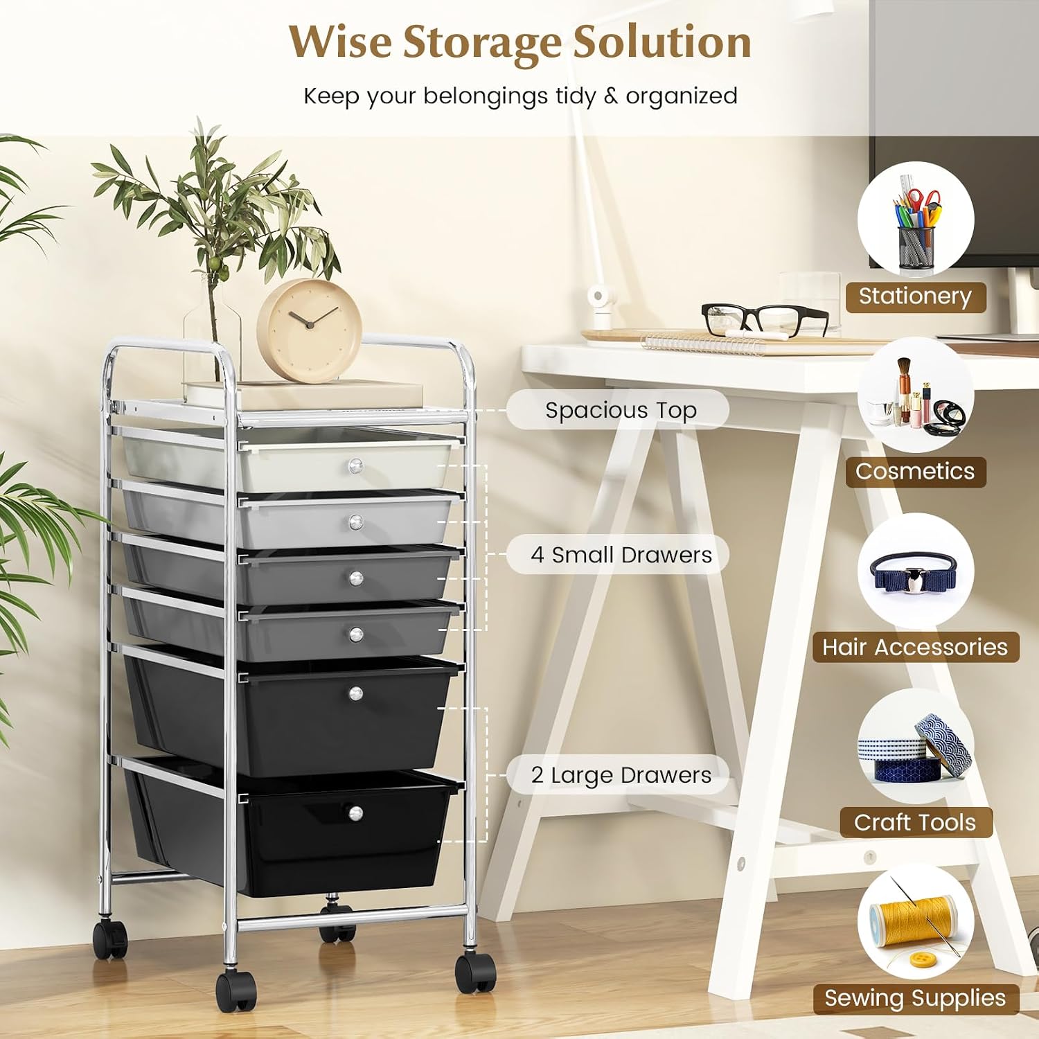 DREAMADE Rolling Cart with Storage Drawers, Utility Cart with Removable Plastic Drawers, Lockable Wheels, Art Cart for Classroom Organization Art Supplies Office Scrapbook (6 Drawers, Mixed-black)