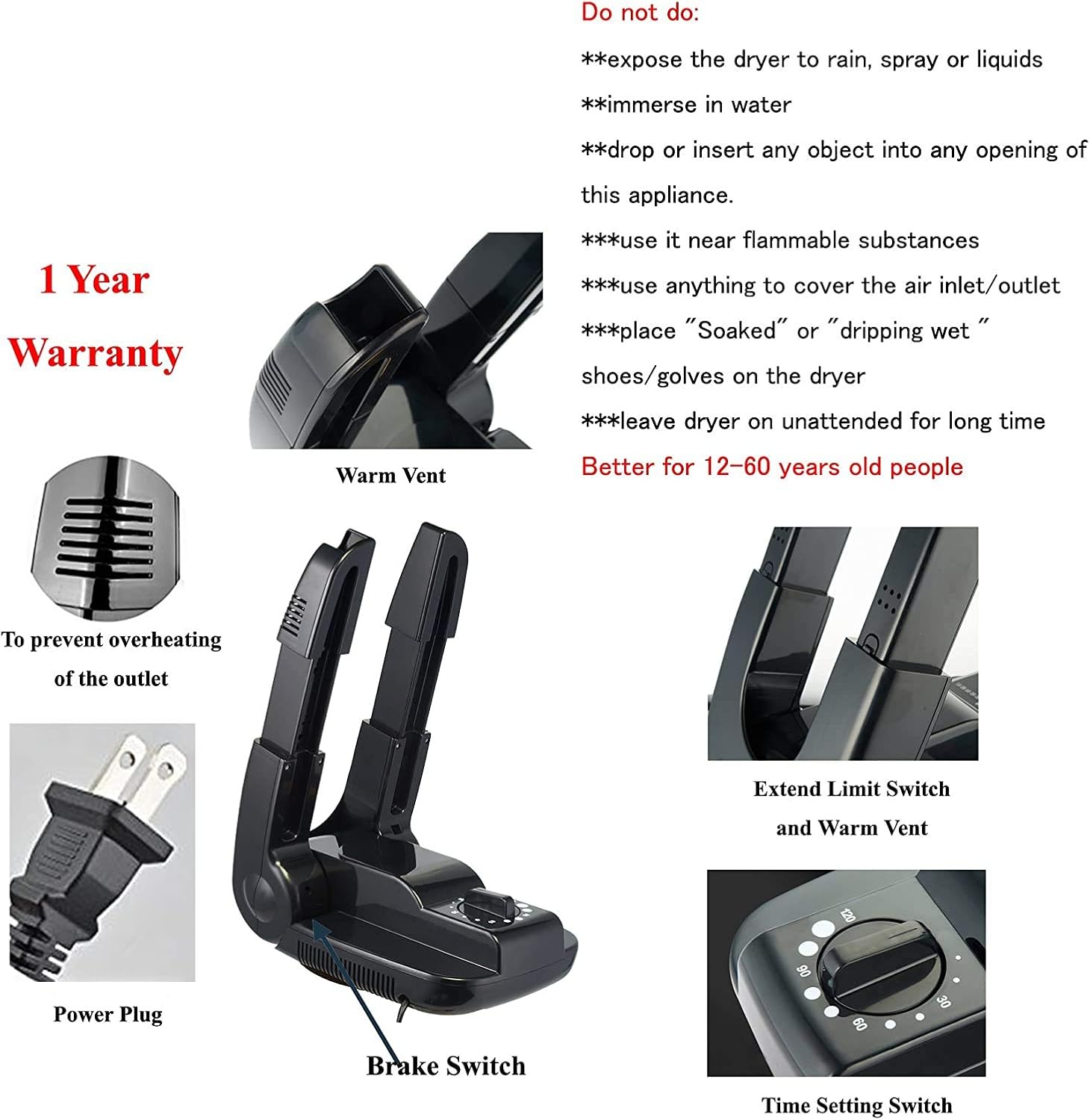 Manledio Portable Smart Electric Shoe Boot Dryer Warmer, Adjustable Rack/Timer : Clothing, Shoes & Jewelry