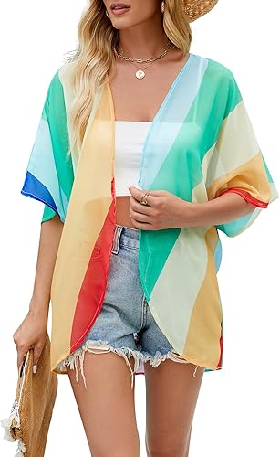 Hibluco - Cárdigan tipo kimono con diseño floral para mujer, casual, de gasa, holgado, para salida de playa