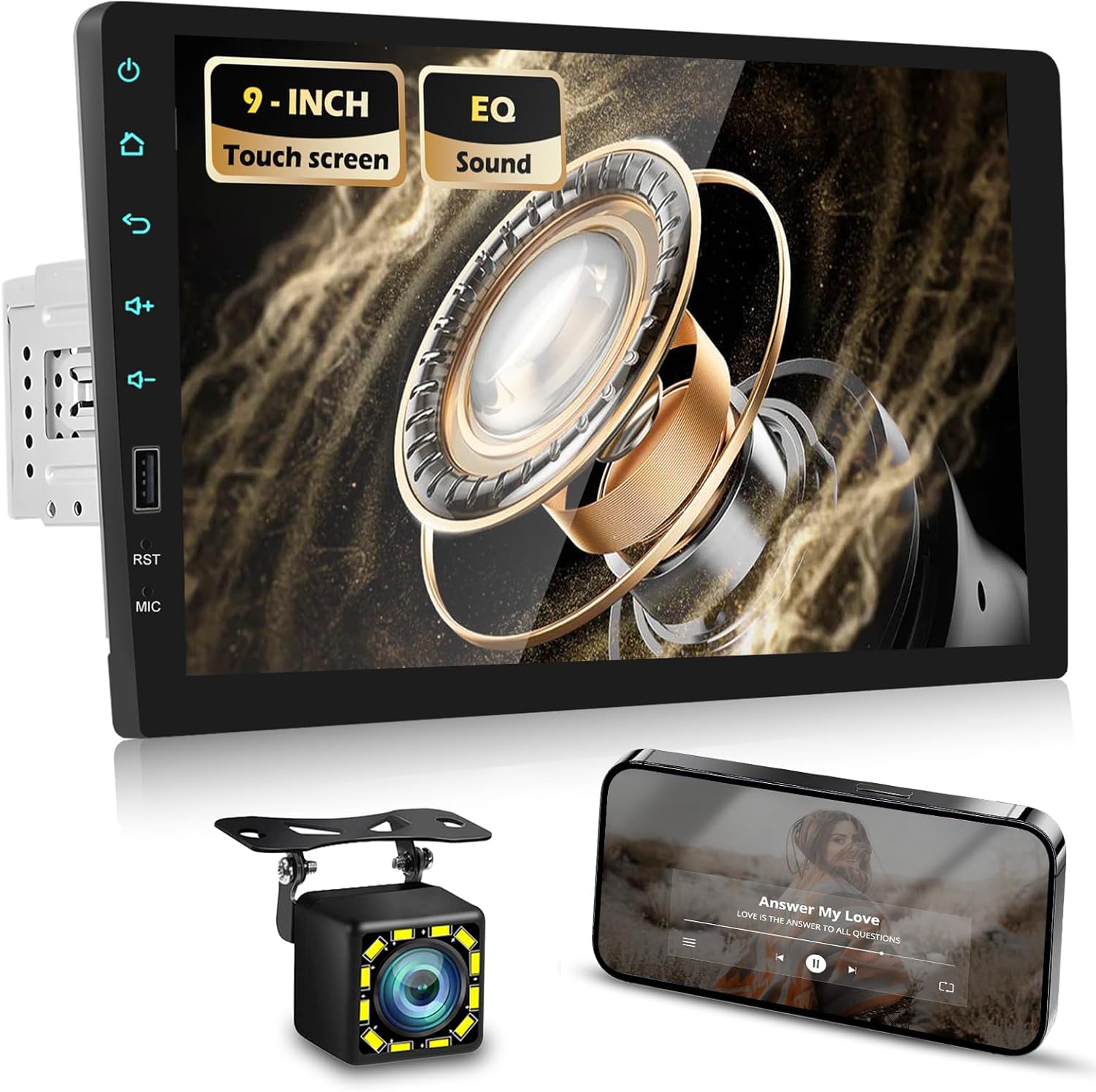 Single Din Car Stereo with Mirror Link for Android/iOS, 9 inch Touch Screen Car Radio with Bluetooth FM/EQ/USB Fast Charging/Multiple UI/SWC/Backup Camera+ Built-in Mic