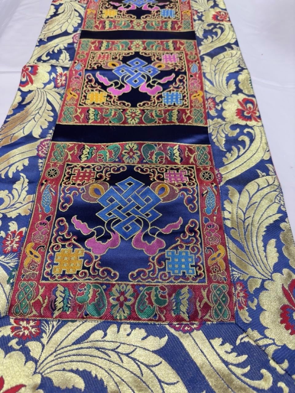 Tibetan Blue Endless Knot Silk Brocade Table Runner/Shrine Cover/Altar Cloth/Table Cover