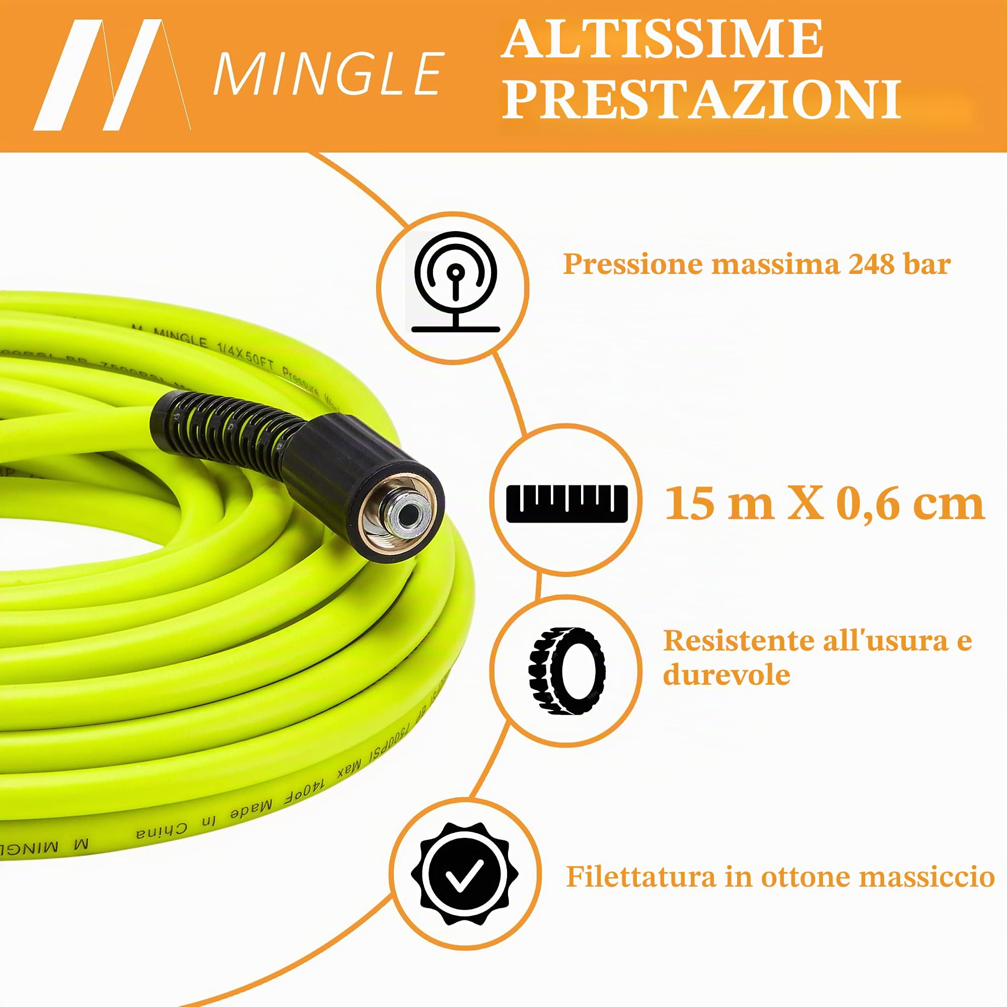M MINGLE Tubo flessibile per idropulitrice da 1,5 m x 0,6 cm – Tubo di ricambio per idropulitrice con adattatore M22 da 14 mm in acciaio inox Quick Connect – 3600 PSI