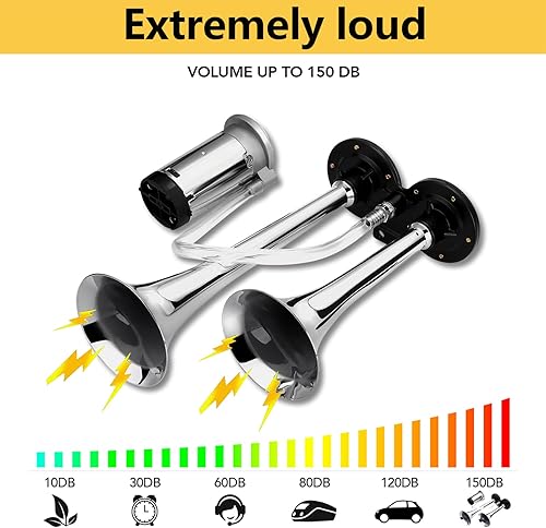Miniatura 5 de HK Kit de bocina de aire de 12 V y 150 db para camión, automóvil, bocina de tren súper fuerte para camión, bocinas de aire de trompeta doble
