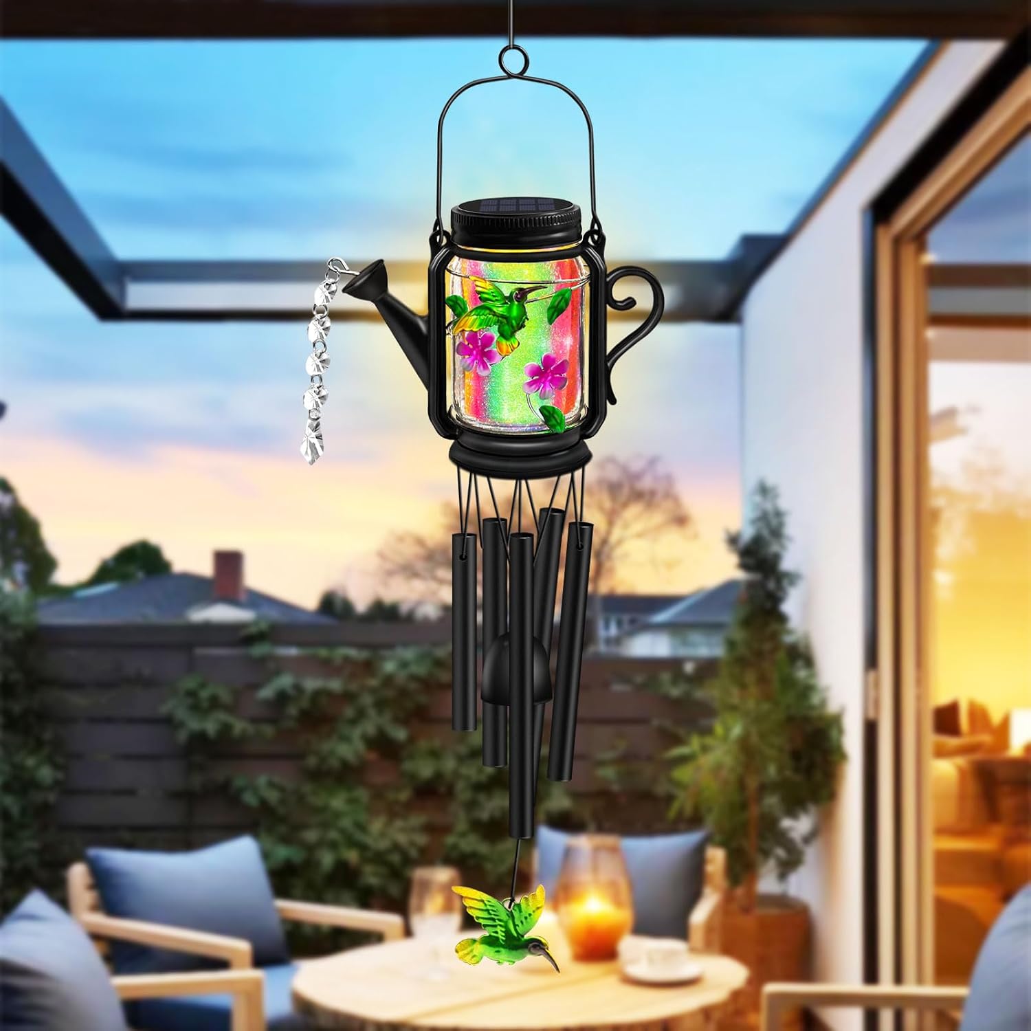 Solar Hummingbird Wind Chimes for Outside - Gifts for Mom Women Grandma,Solar Mason Jar Watering Can Hummingbird Light Unique Hanging Wind Chimes Outdoor,Yard Garden Terrace Courtyard
