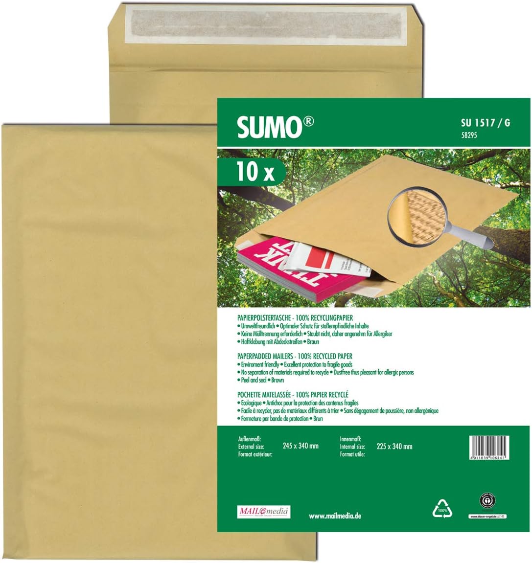 Mailmedia 30002314 Padded Paper Envelopes SUMO Inner Dimensions 225 x 340 mm Outer Dimensions 245 x 340 mm Brown Pack of 10