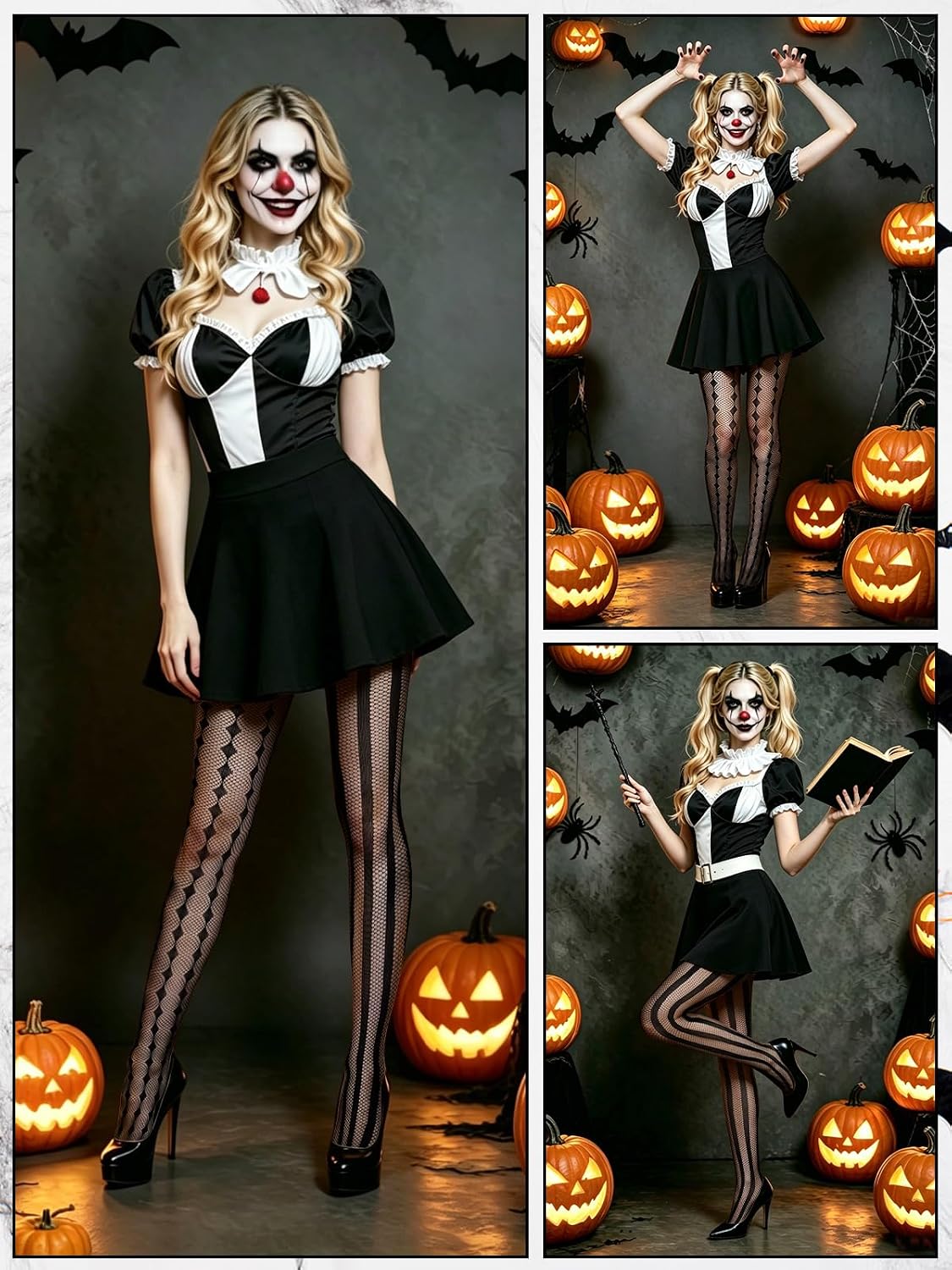 Halloween Striped Tights 3 Pairs Black White Jester Costume Women