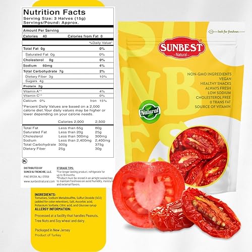 Miniatura 2 de Sunbest Natural - Mitades de tomates secados al sol, mezcla fresca de tomates listos para comer, tomate secado al sol para cocinar y aperitivos,