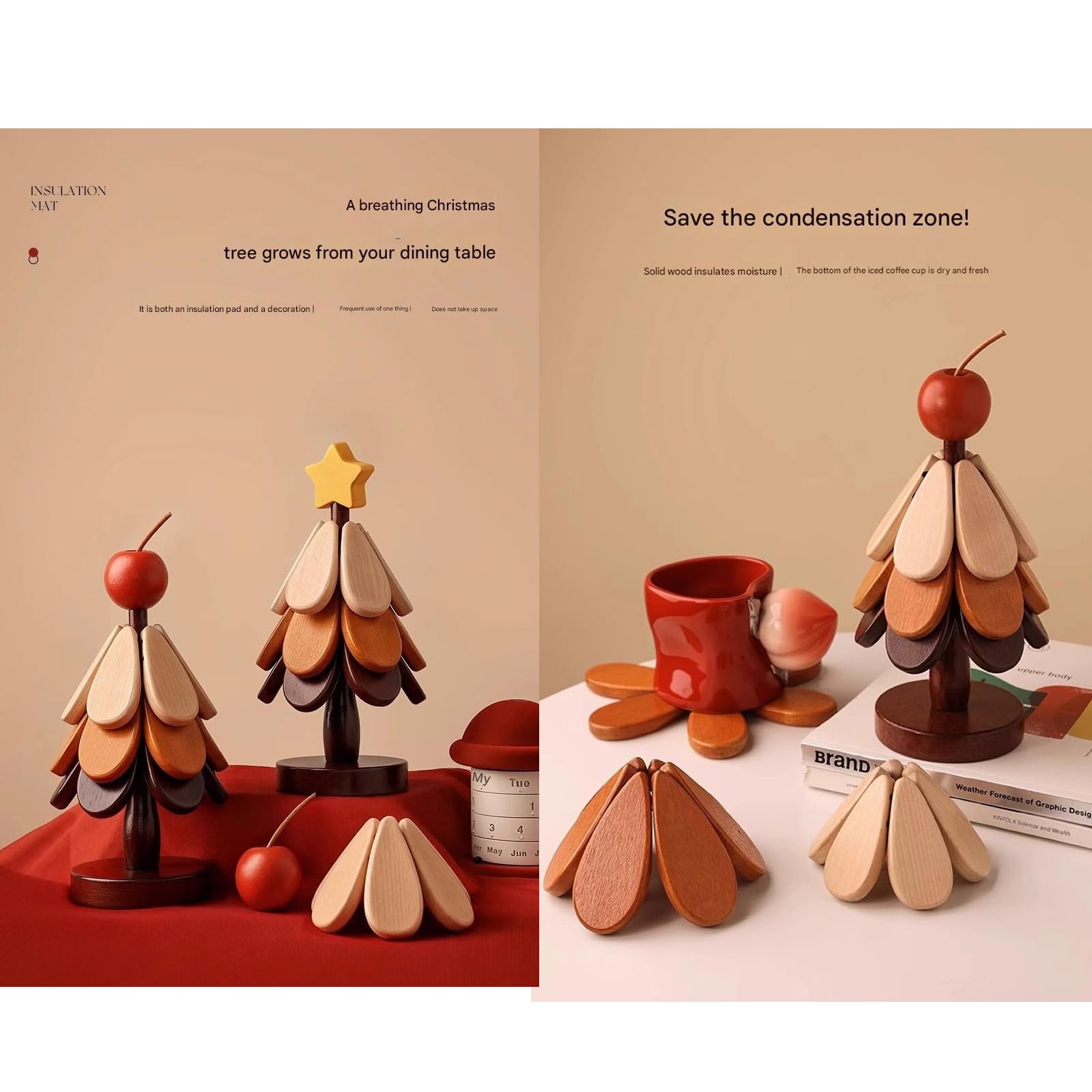 Juego de manteles individuales de Navidad, salvamanteles de madera, posavasos, salvamanteles de madera para platos calientes, soporte para sartén caliente, juego de salvamanteles para árbol de Navidad