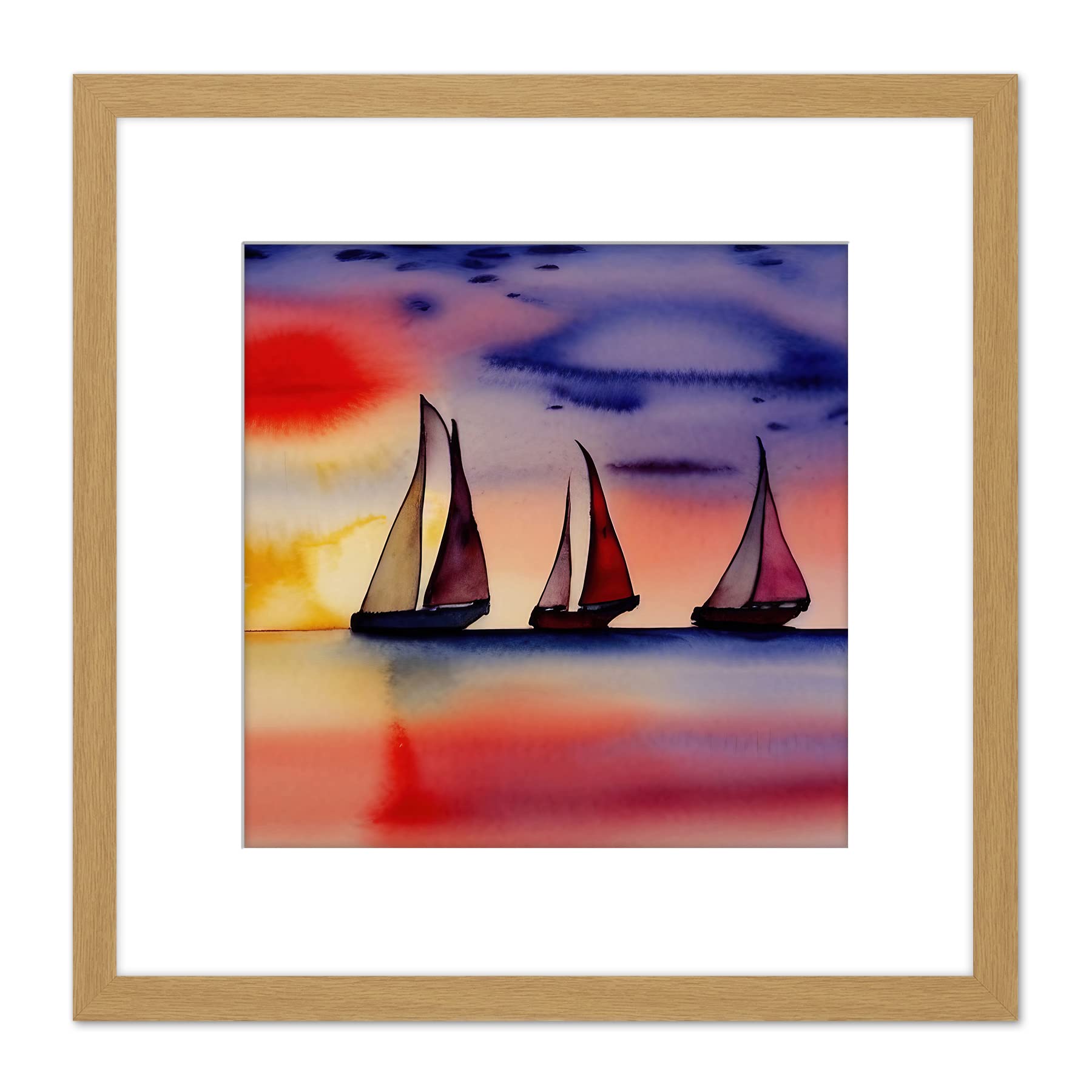 Artery8 Framed Light Oak 8X8 Three Boats Sailing Along The Horizon At Sunset Seascape Watercolour Painting Pinks Purple Square Wooden Framed Wall Art Print Picture 8X8 Inch