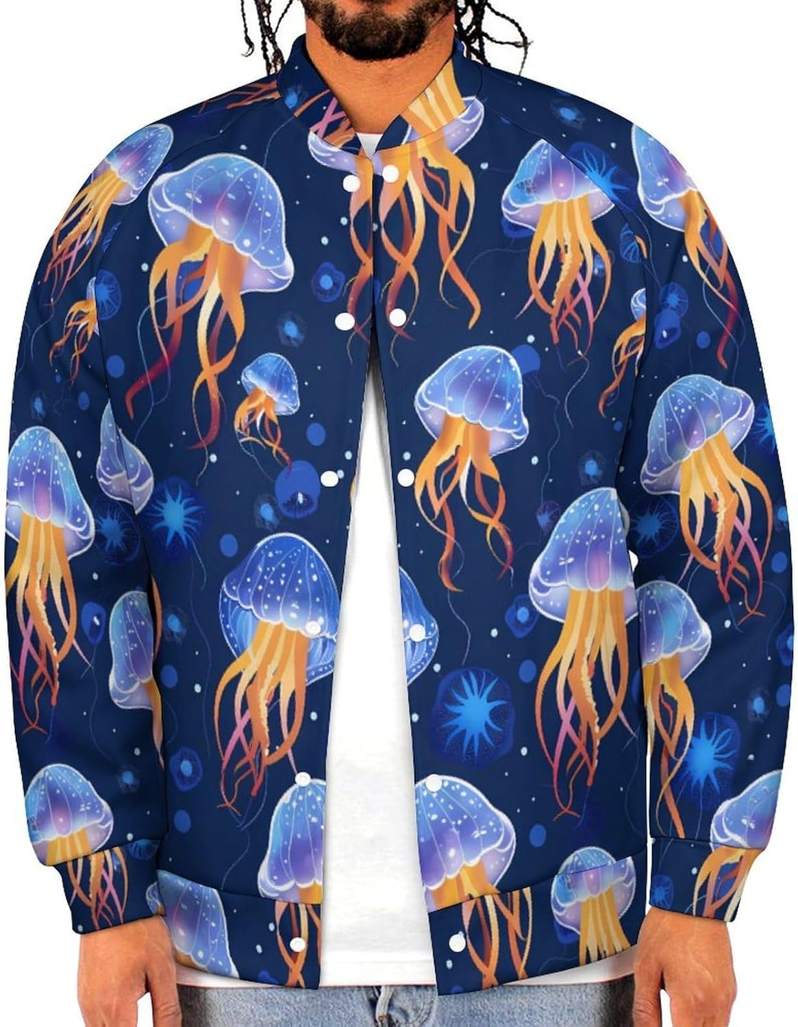 Jelly Fish Blue Novelty Men's Baseball Jackets Causal Sweatshirt Button Top Long Sleeve Coat