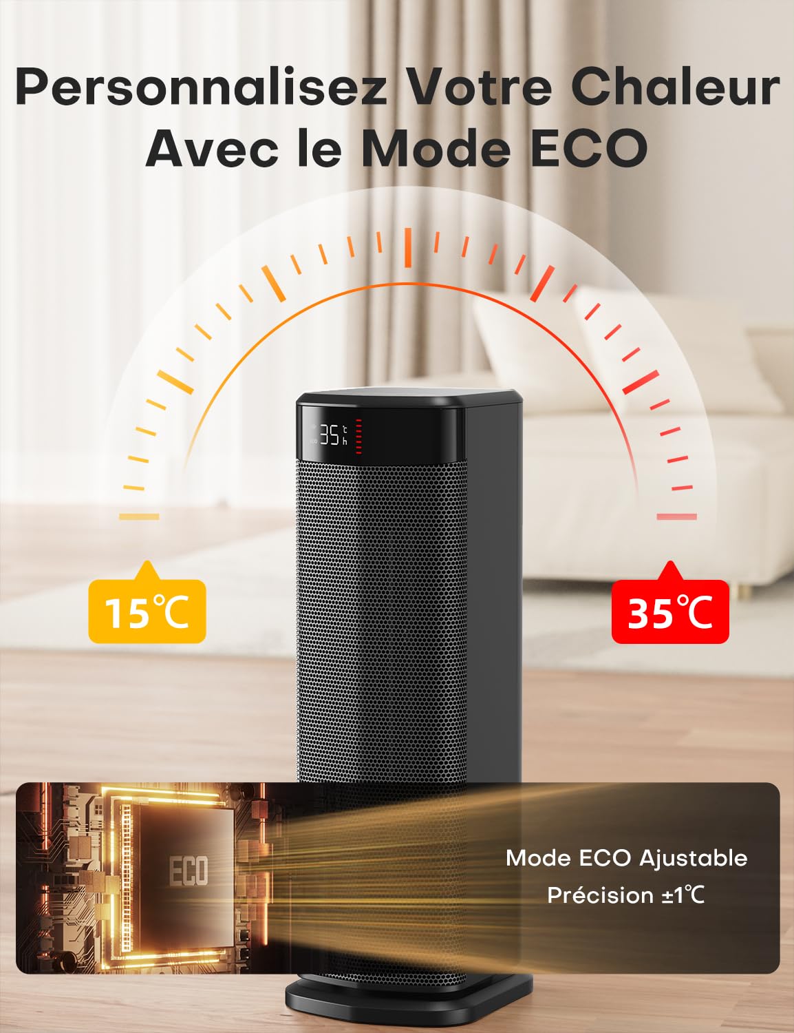 QEXREED Chauffage d'appoint, 90°Oscillation 2000W PTC Radiateur Electrique, 4 Modes, Mode ECO, Thermostat, Minuterie 24H, Télécommande,Sécurité Anti-chute et Surchauffe pour Usage Intérieur