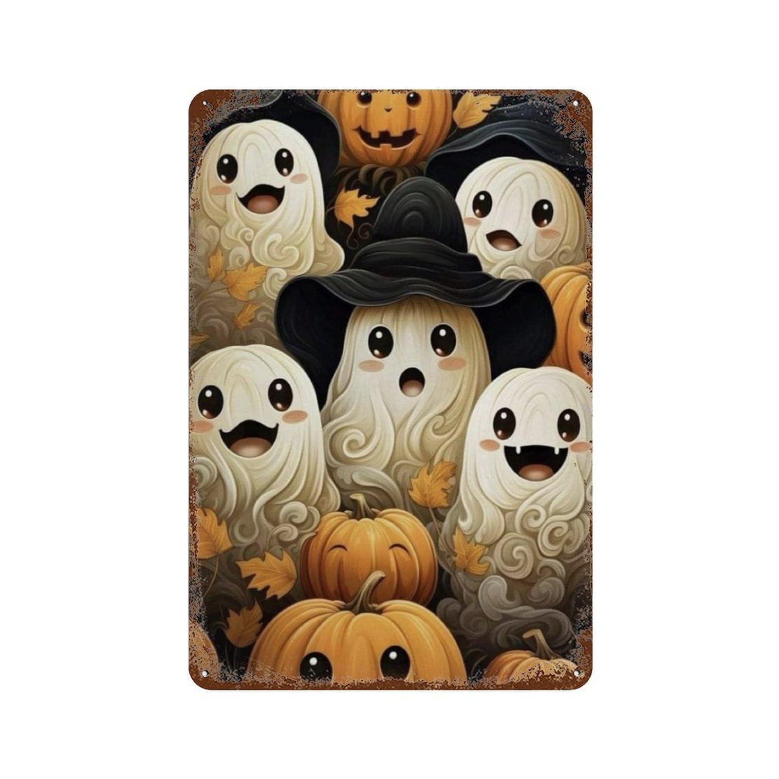 Retro Metal Sign Halloween Ghosts And Pumpkins-1 11.8"x7.9", Retro Wall Decor for Living Room, Hallway And Home Decor