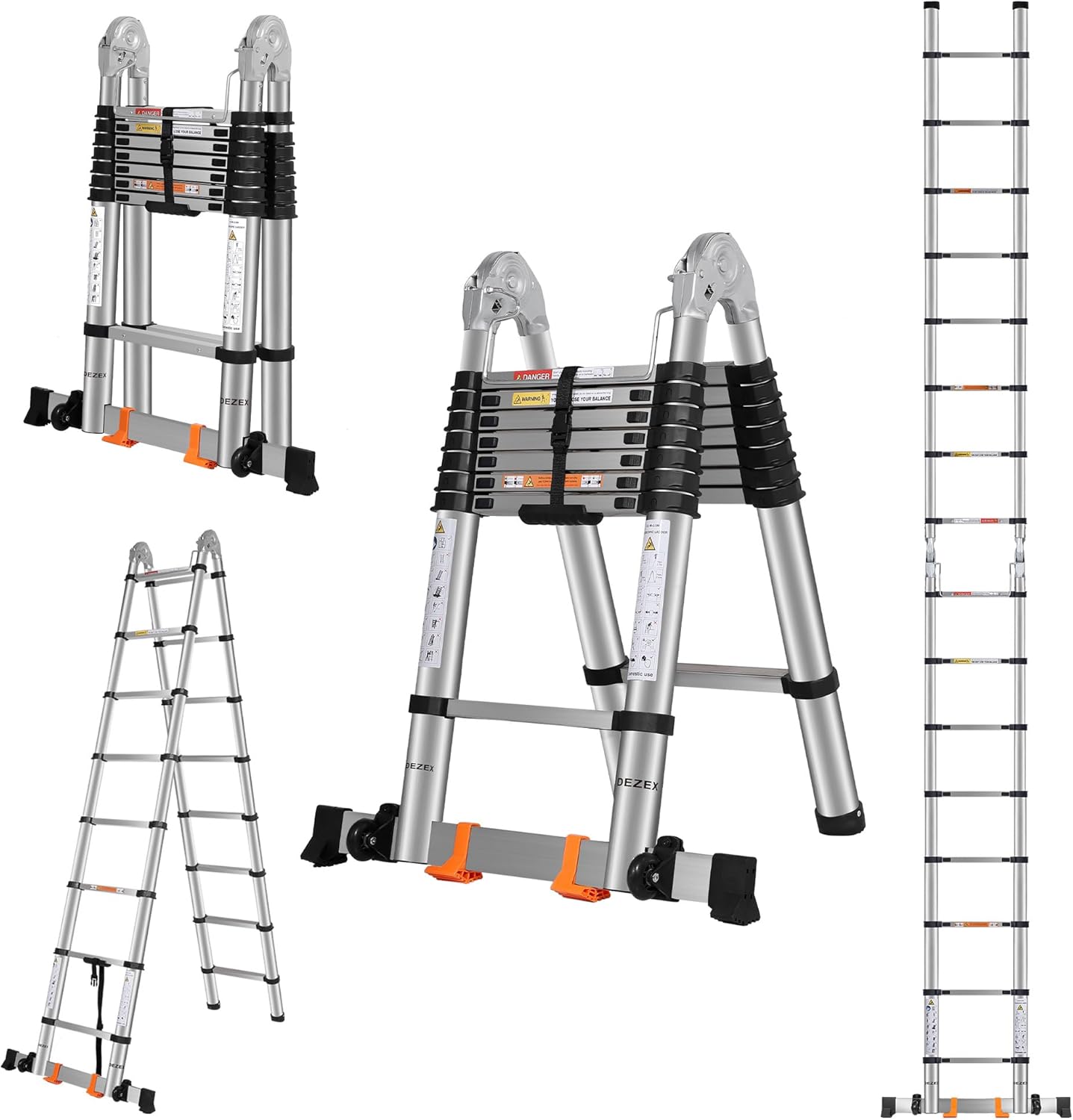 A Frame Telescoping Ladder 16.5 FT Stainless Steel, 375lbs Capacity With Balance Bar and Movable Wheels, Multi-Purpose Collapsible for Indoor Outdoor Work 16.5 FT (A Frame) Stainless Steel