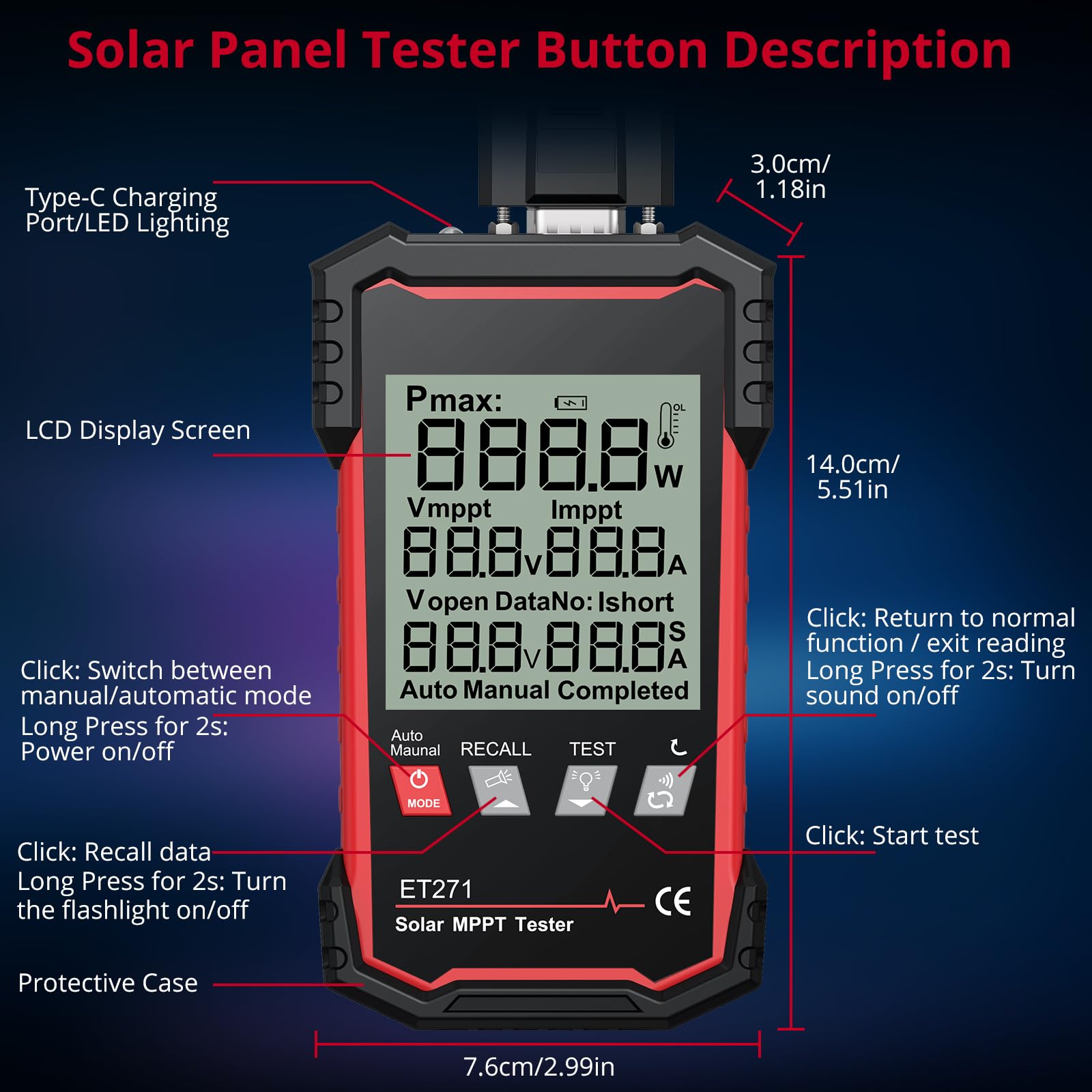 XUNTOP Probador de Paneles Solares 2000W Multímetro Fotovoltaico con Pantalla LCD Grande Probador MPPT 90V/40A Recargable con Retención Automática de Datos para Pmax Vmp Amp Voc Isc