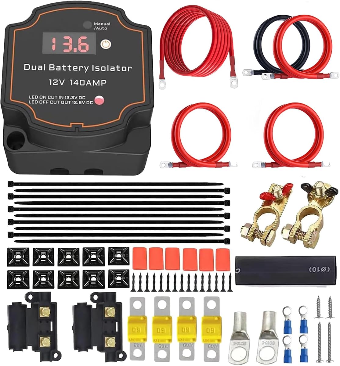 6mtr 12V Split Charge Relay Kit,Dual Battery Isolator Kit with LED Display