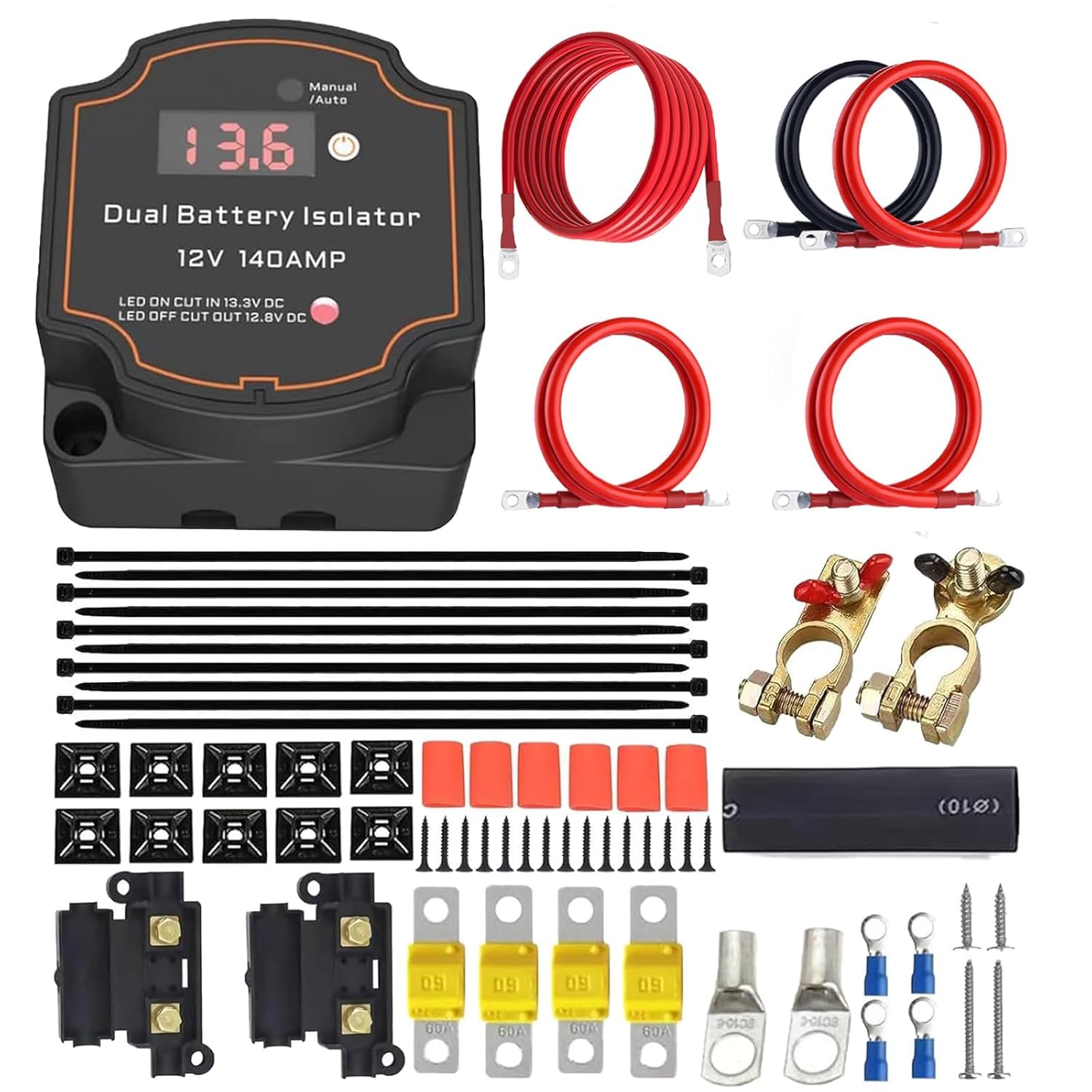 6m Dual Battery Isolator Kit 140Amp Battery Isolator 12V Kit Split Charge Relay Kit Manual/Auto Modes VSR Voltage Sensitive Relay with LED Screen Voltage Display for Truck RV ATV UTV SUV Boat